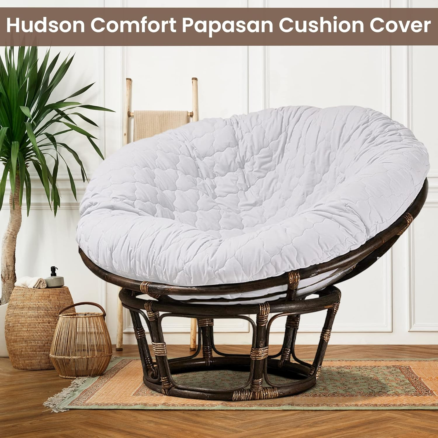 Hudson Comfort Papasan Cushion Cover - Quilted Shape, Soft Microfiber Fabric, Zippered Papasan Cushion Cover Only - 50 Inches (Fits a 42-47 Inch Papasan Cushion) White