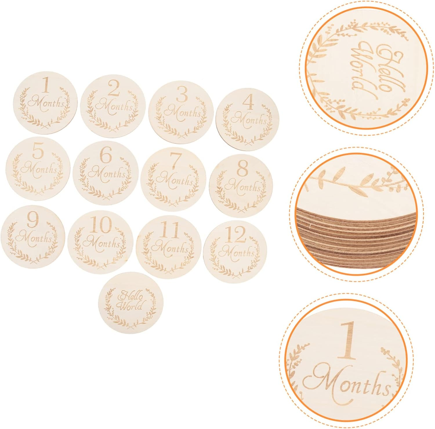HOMSFOU 13Pcs Wooden Slices Baby Milestone Cards Natural Birch Wood Baby Monthly Marker Discs for Newborn Photography and Monthly Commemorative Keepsakes image number 6