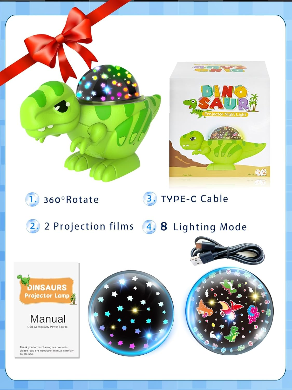 Dinosaur Night Light Projector, 16 Colors, 360&deg; Rotation Dimmable, Dinosaur Star Projector for Kids' Room, Babies & Children Gifts image number 6