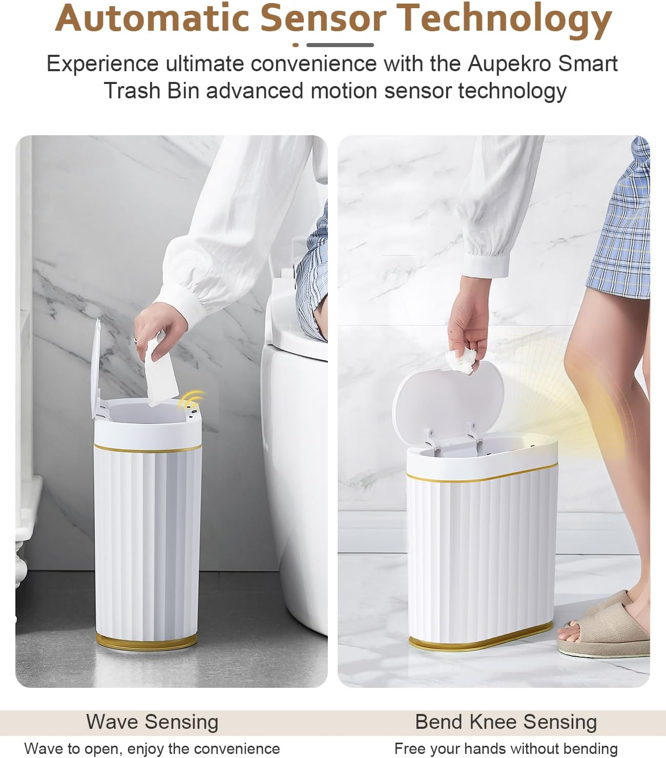 Aupekro Smart Trash Bin with Lid, 2 Pack Slim Automatic Garbage Can, Waterproof Plastic Rubbish Bin Narrow Motion Sensor Wastebasket for Bathroom, Bedroom, Living Room, Office (5 Liter+9 Liter) image number 4