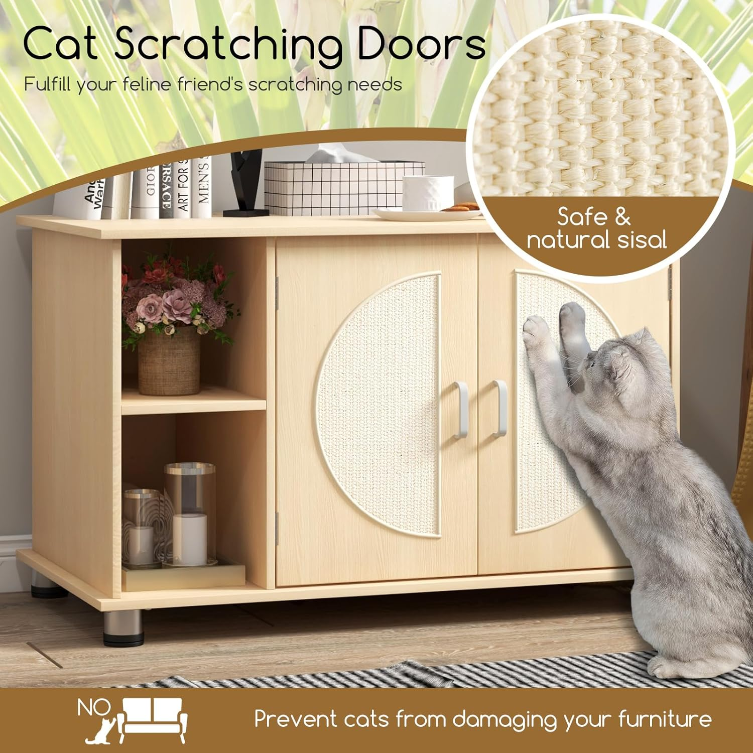Costway Cat Litter Box Enclosure with Sisal Scratching Doors, Adjustable Metal Feet, Hidden Washroom with Storage, Indoor Cabinet End Side Table, Wooden House Furniture for Kitten & Adult image number 2
