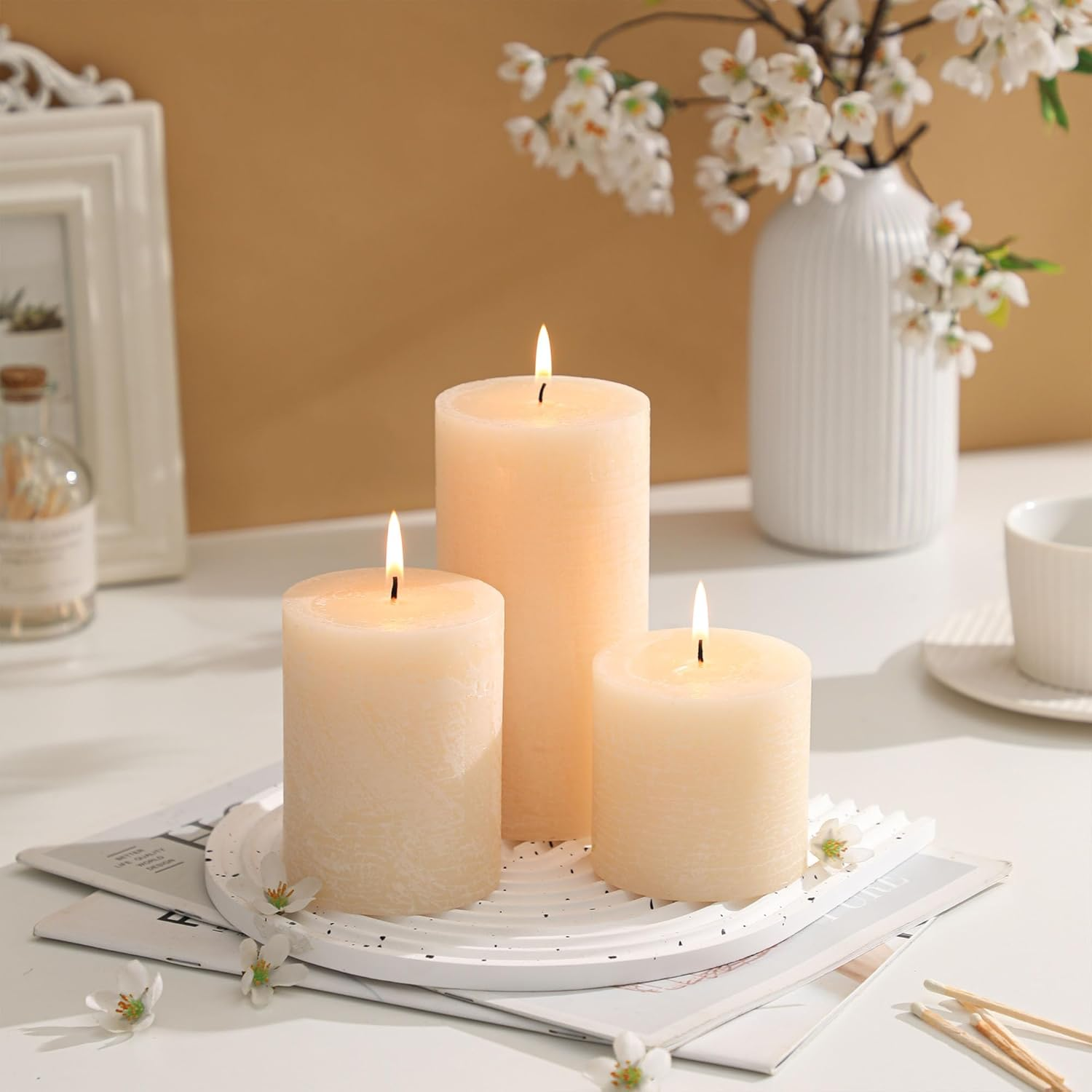 3X6 Inch Ivory Pillar Candles Set of 3 - Hand-Poured Unscented Candles, Long Clean Burning, Large Big Candles, Smokeless Dripless Candles for Dinner Table, Wedding, Home, Bathroom, Rustic Decor image number 5