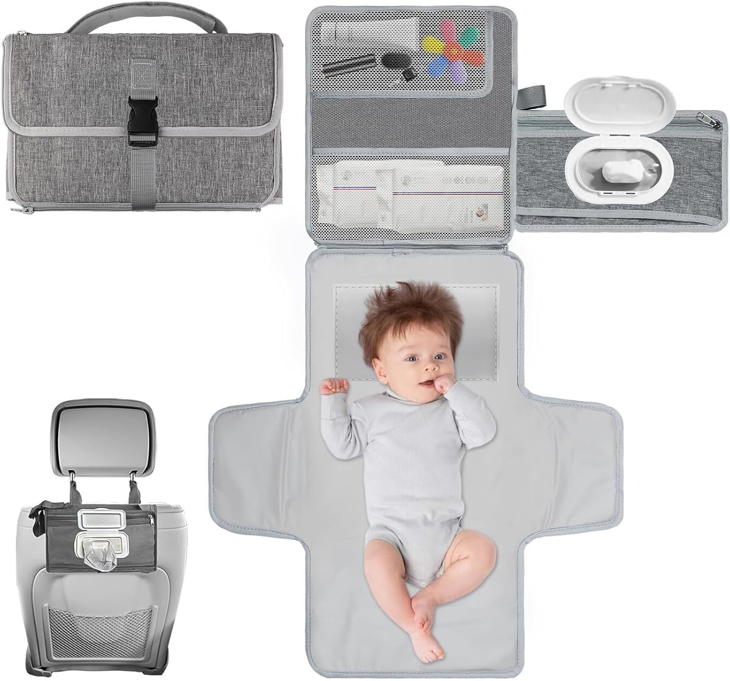Portable Changing Pad Foldable Baby Diaper Changing Pad Waterproof Nappy Changing Mat Travel Diaper Change Sheet Changing Pad Portable with Wipes Pocket(Gray) image number 1