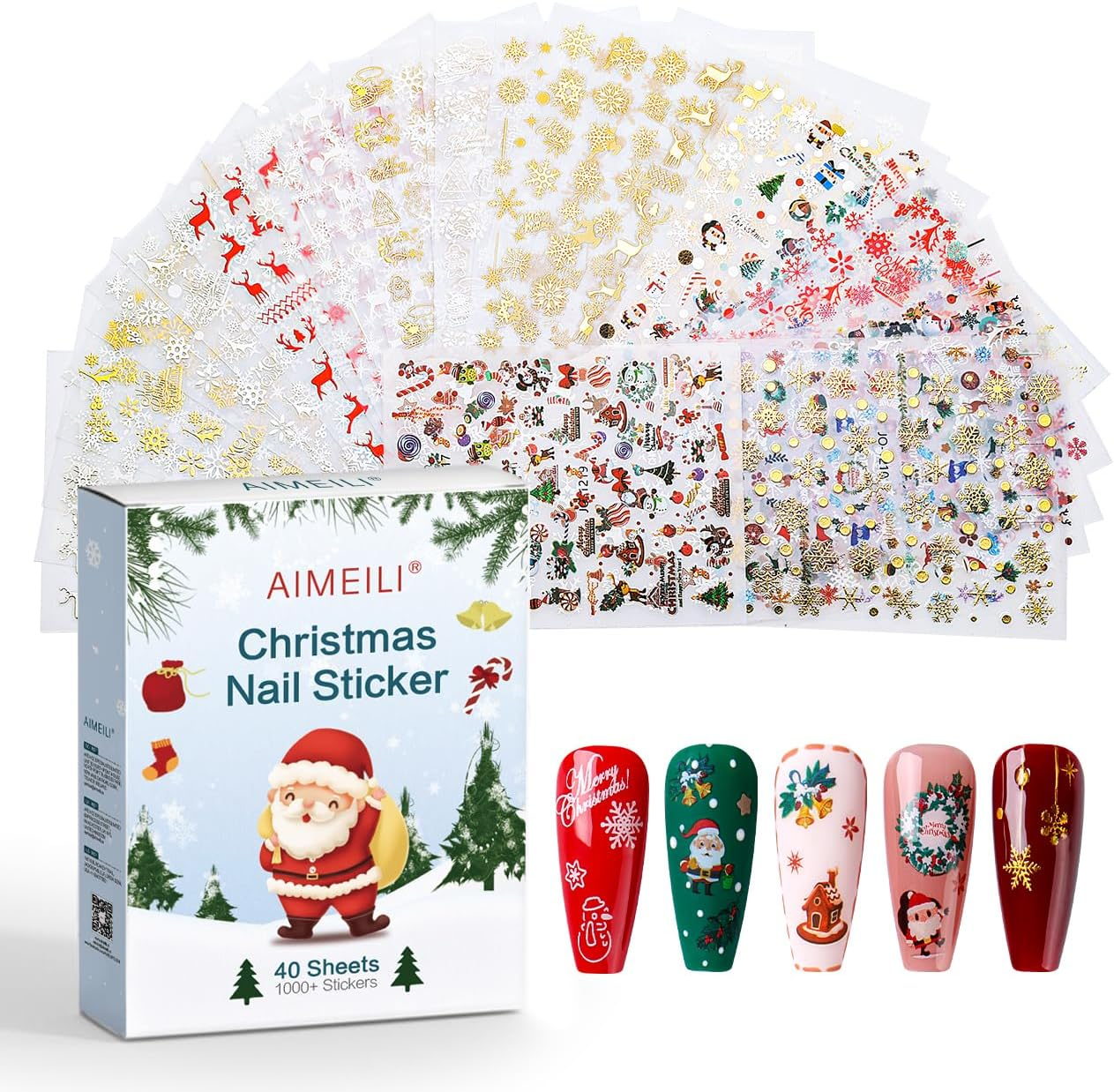 AIMEILI Christmas Nail Art Sticker 3D Snowflakes Nail Decals Colorful Snowmen Reindeer Bell Merry Christmas Tree Holiday Nail Stickers for Nail Art 40 Sheets image number 5