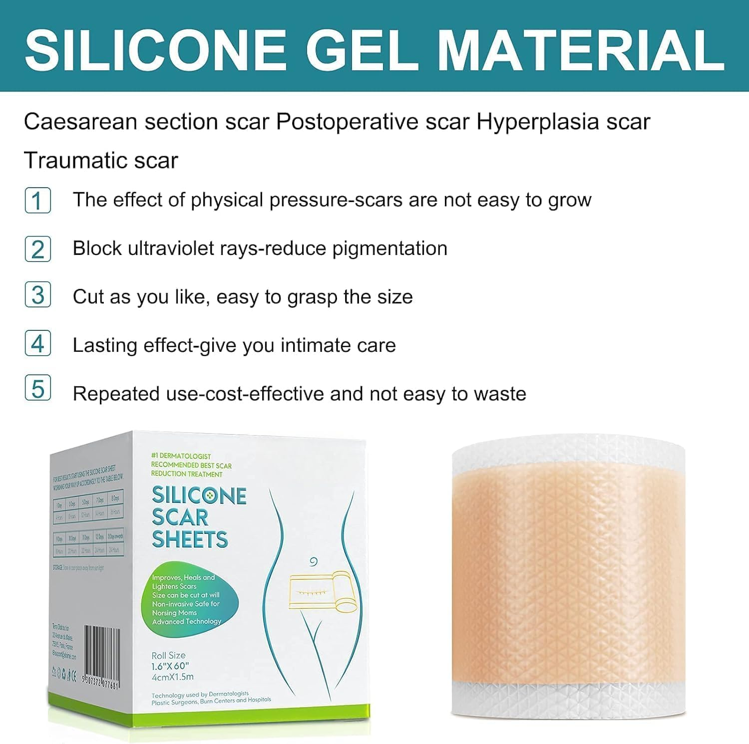 Silicone Scar Sheets,Scar Removal Silicone Tape Roll for C-Section,Professional Painless Silicone Keloid Scars from Surgery, Burn, Acne Et (1.6&rdquo; X 60&rdquo;Roll-1.5M)