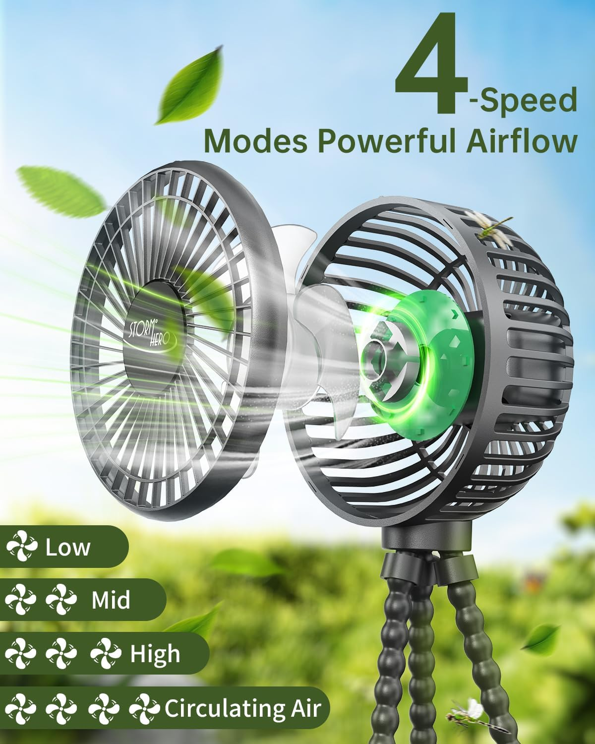 STORM HERO Pram Fan - Portable Stroller Fan for Baby, USB Rechargeable Personal Fan, Mini Handheld Fan, Desk Fan 4000Mah, Adjustable 3 Speeds for Travel, Car Seat, Bike, Camping, Office and Bedroom