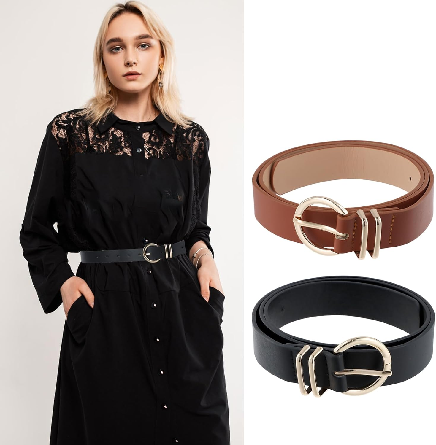 2 Pack Womens Leather Belts, All-Match Belts Fashion Belts, with Gold round Metal Buckle, Belts for Jeans Pants (Black +Brown) image number 2