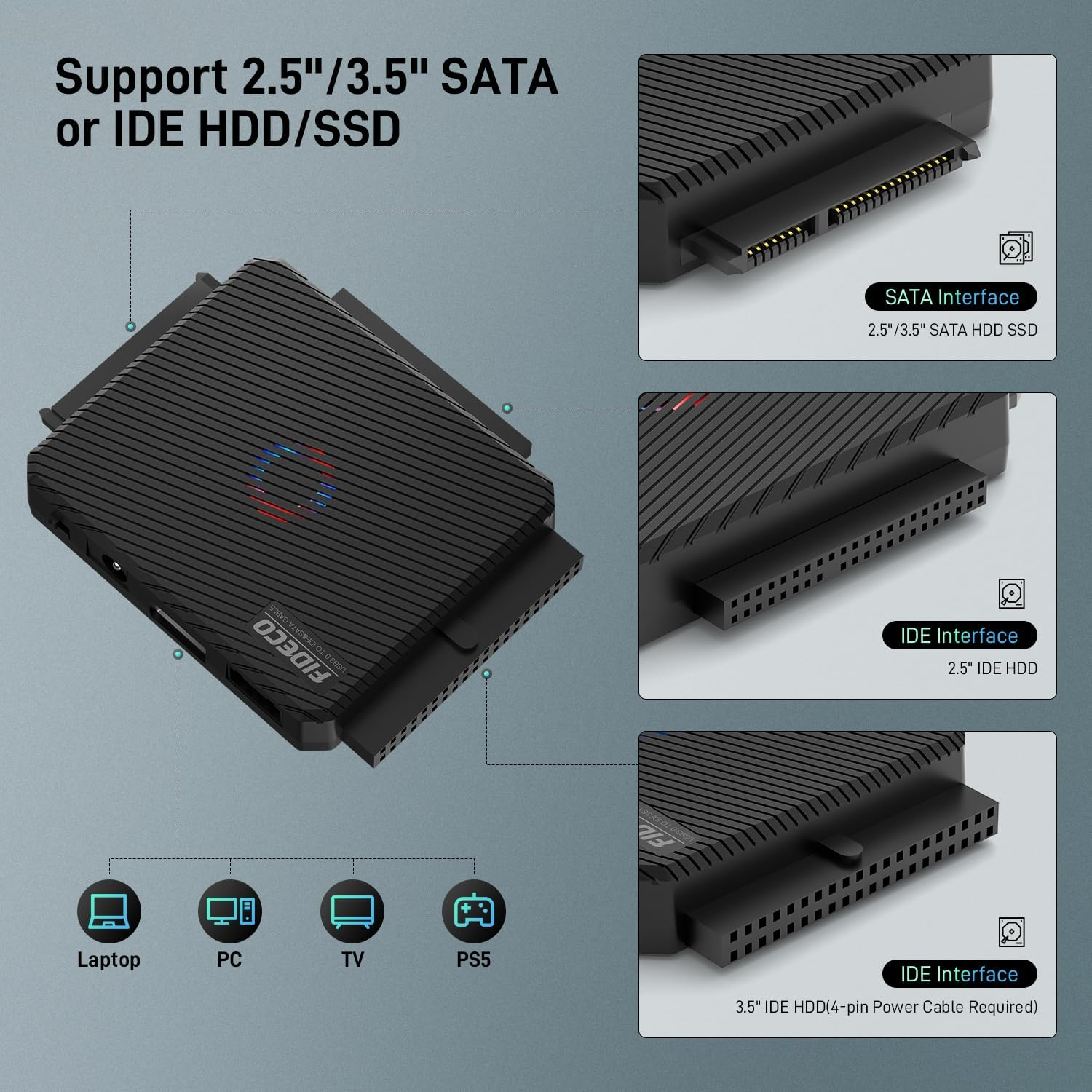 FIDECO SATA/IDE to USB 3.0 Adapter, Hard Drive Cable Converter for Universal 2.5/3.5 Inch IDE and SATA External HDD SSD, 5.25-Inch DVD-ROM/CD-ROM/CD-RW/DVD-RW image number 4