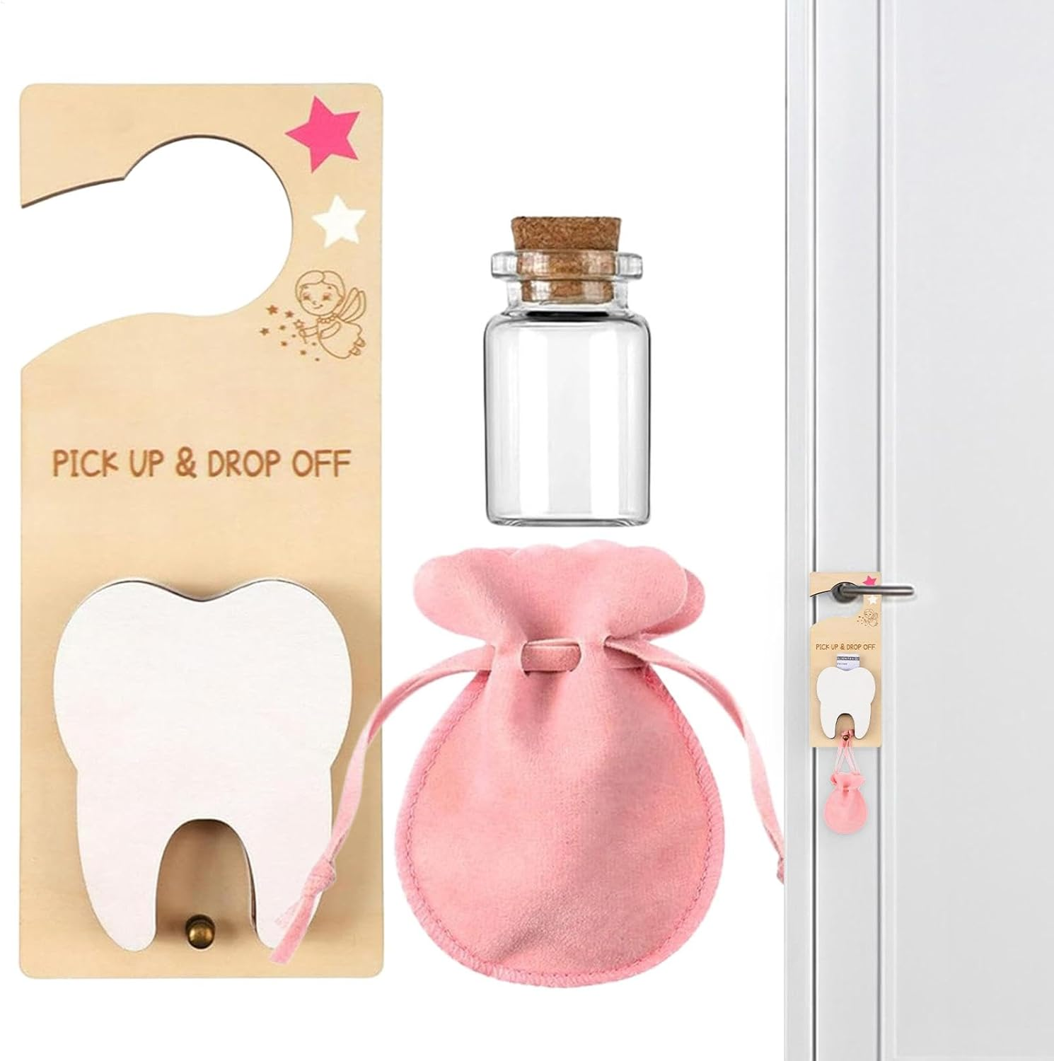 Tooth Fairy Pick up and Drop Off, Tooth Fairy Door Hanger with Money Slot,Tooth Fairy Tooth Holder Bag,Tooth Holder Pouch, Velvet Pouch Tooth Fairy Box