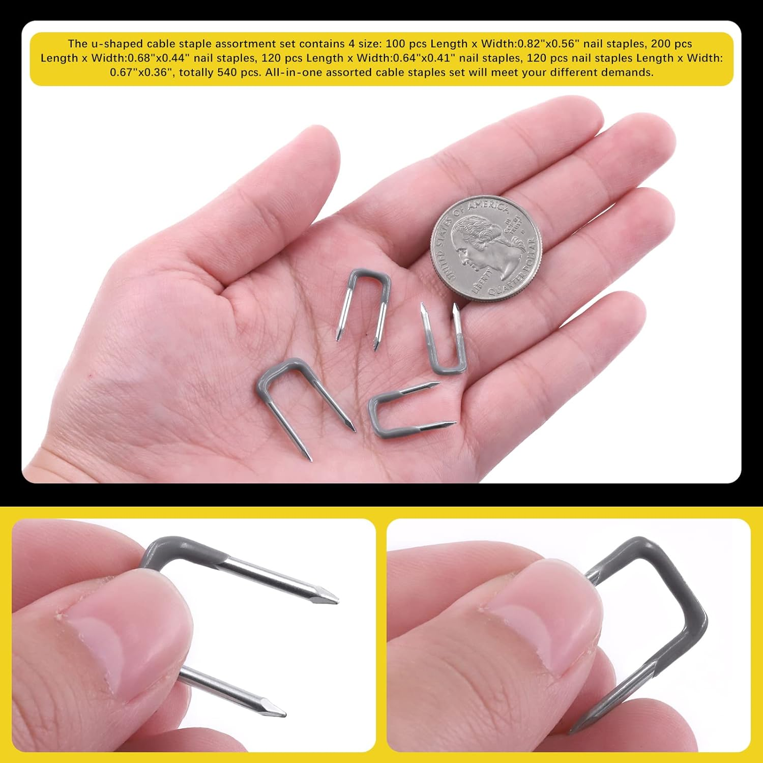 Mardatt 540 Pcs Insulated U Staple Nail Assortment Set with Storage Case, 0.56", 0.44&ldquo;, 0.41", 0.36" Metal Cable Staple for Fixing Electrical Wire image number 3