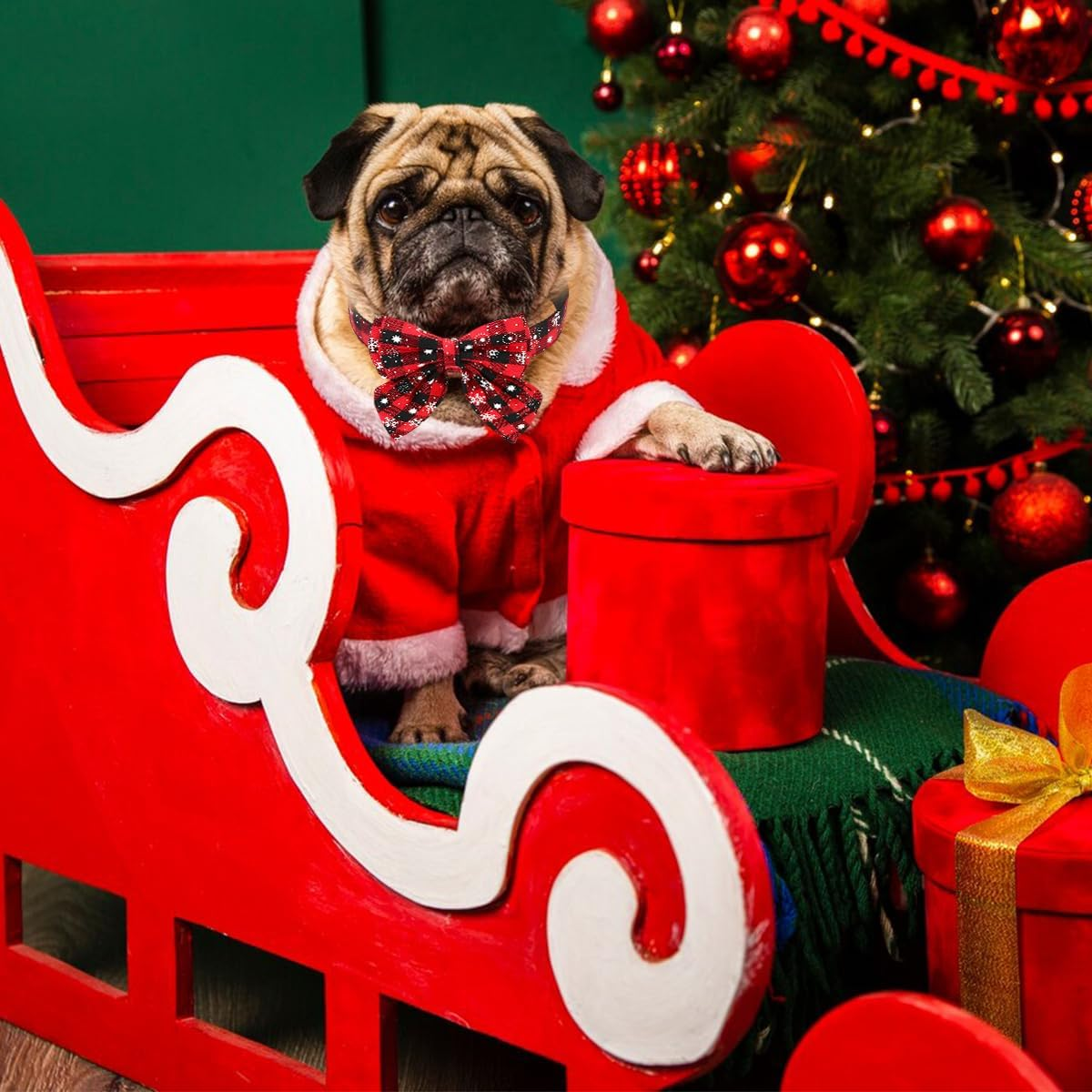 O-Kinee Christmas Dog Collar, Christmas Collar Dog, Cat Collar with Bow, Bow Tie for Dogs, Cute Checked Pattern, Dog Christmas Costume, Pet Collar for Kittens and Dogs (L) image number 6