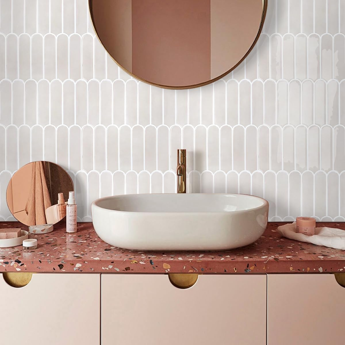 COMSTICKC Thicker Beige Peel and Stick Tile,10 Sheets of 12''X12'', 3D Fish Scale Peel and Stick Backsplash Tile Stickers Vinyl Backsplash Kitchen Bathroom Waterproof Removable - Fish Scale - Pink image number 3