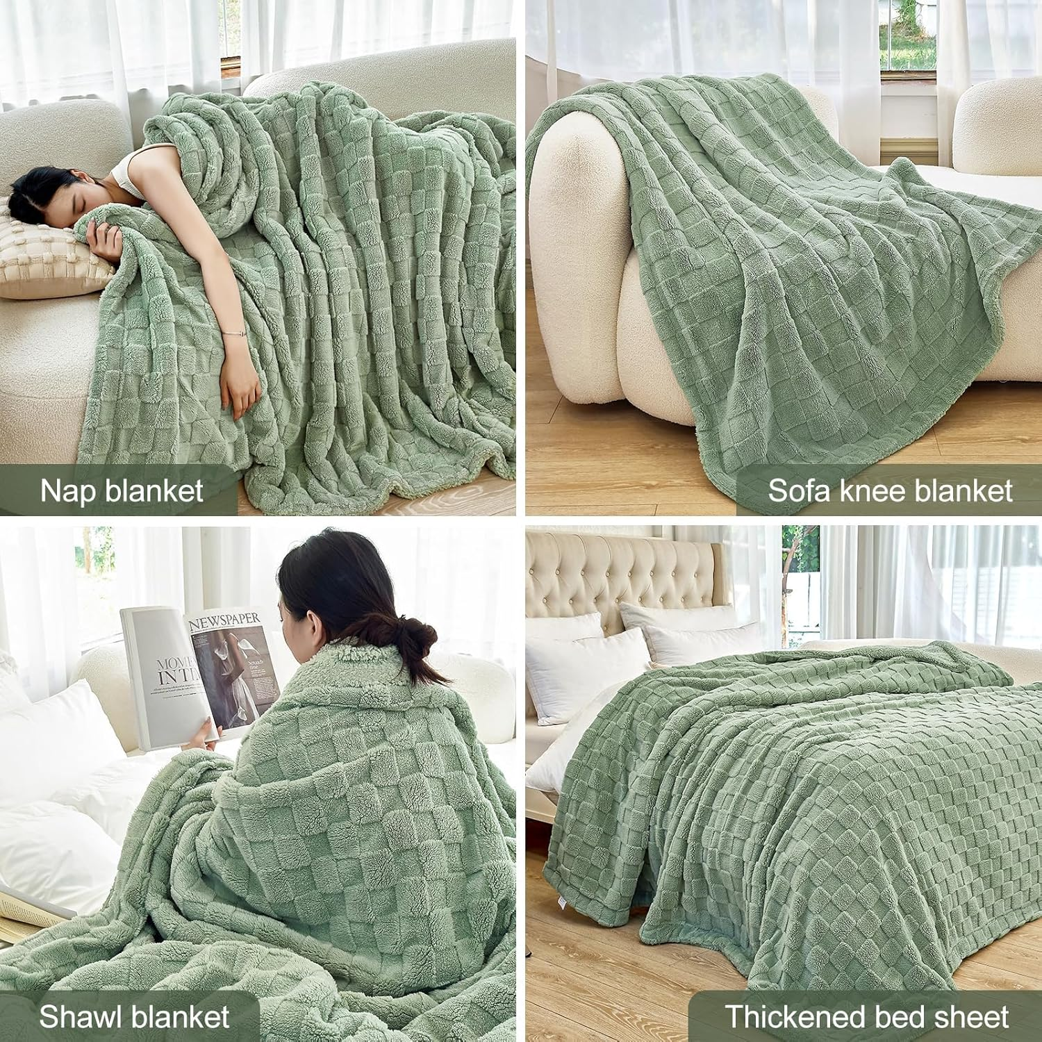Fleece Throw Blanket for Sofa - Soft Checkered Single Blankets for Women, Fluffy Cosy Warm Blanket for Bed (Sage Green, Queen) image number 1