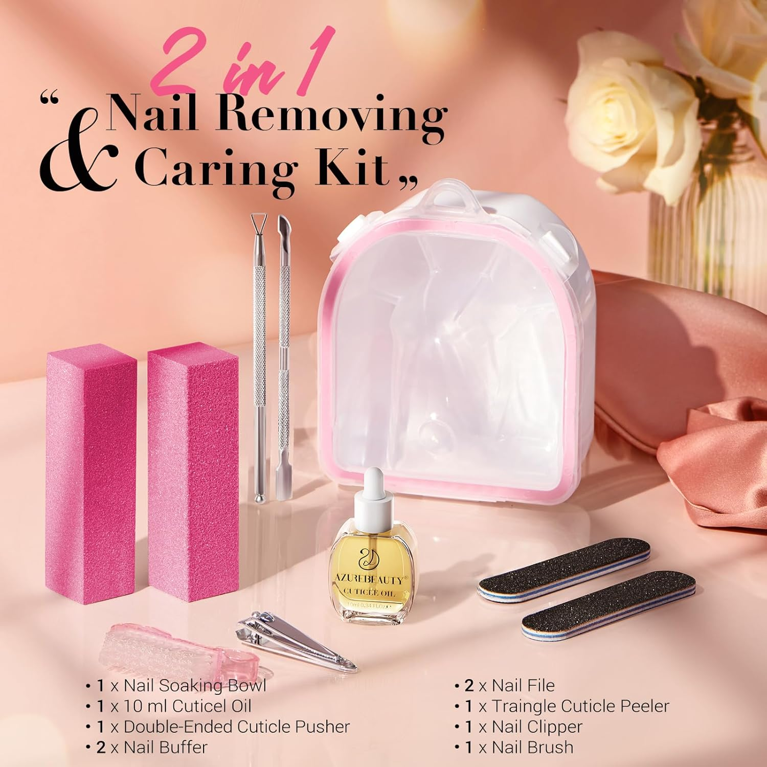 AZUREBEAUTY Nail Soaking Bowl Kit, 10Pcs Tools, Nail Care Kit with Bowl, 15Ml Cuticle Oil, Clipper, Triangle Peeler, Double-Ended Pusher, Brush, 2X File, Buffer image number 4