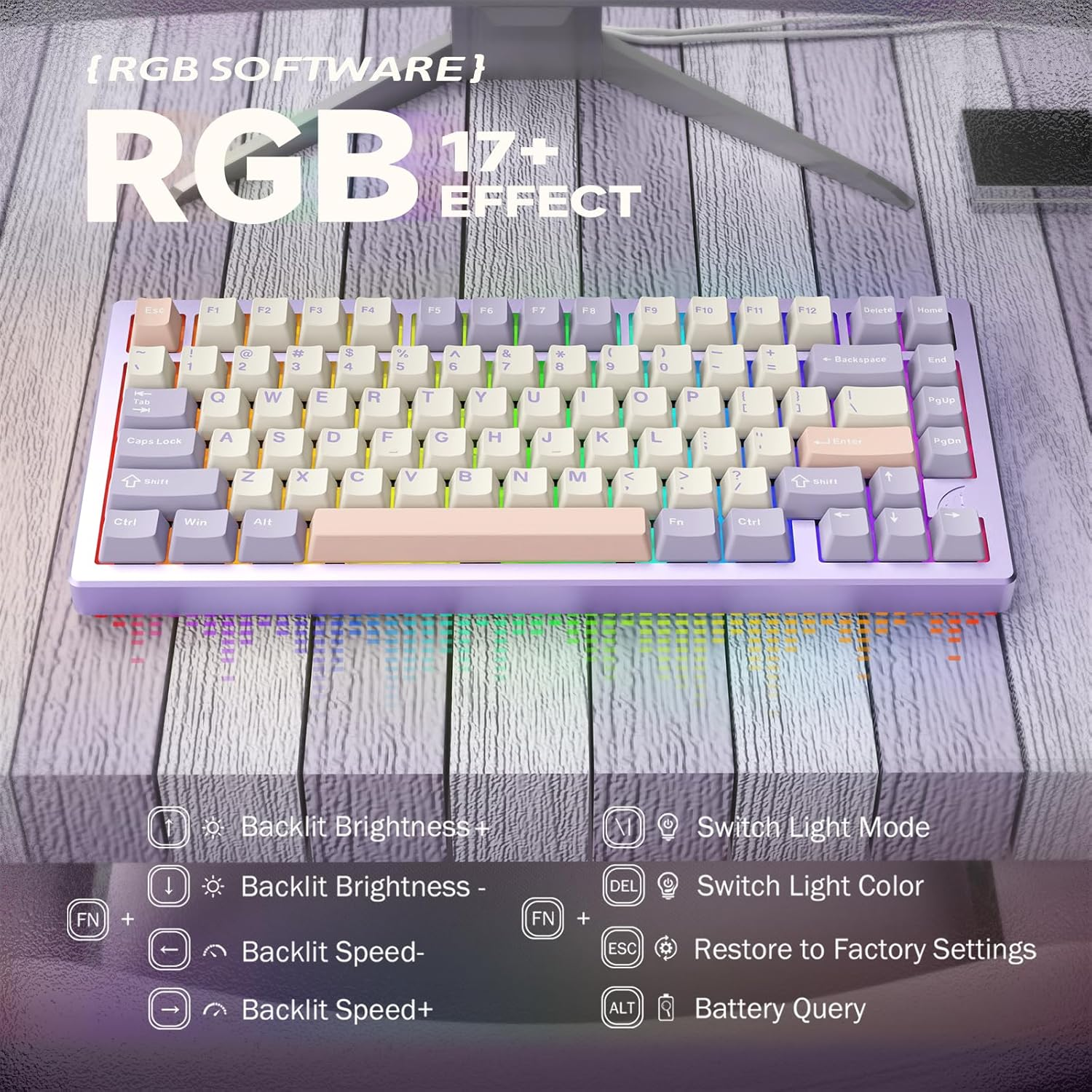 Lexonelec X Attack Shark X75 CNC Aluminum 75% Wireless Gaming Keyboard, Tri Mode-Bt/2.4G/Wired, Hot-Swap Gasket Mounted RGB Mechanical Keyboard, 5000Mah Battery, via Web Driver for Win/Mac-Purple image number 2