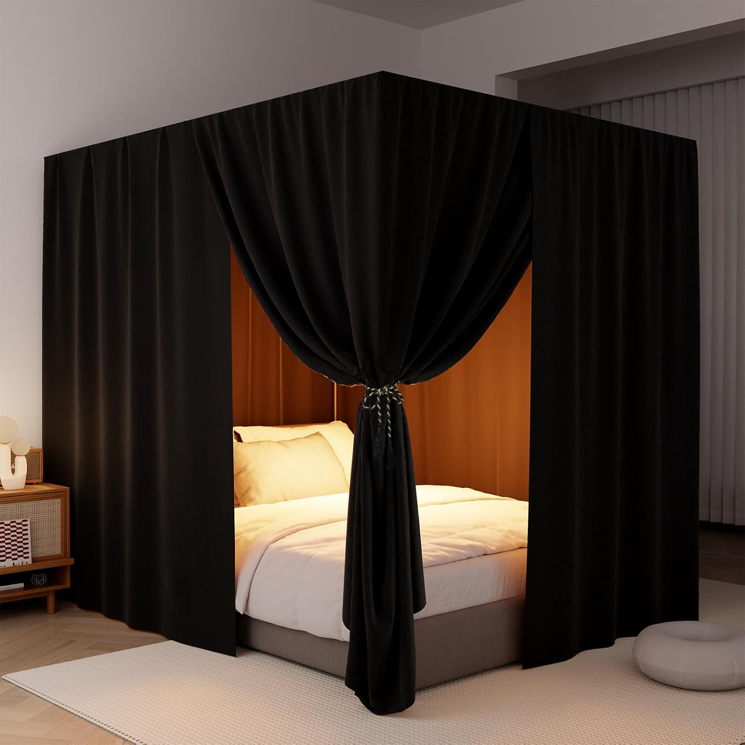 Black Canopy Bed Curtains - 4 Corner Post Bed Curtains Queen Lightproof Drapes Bed Canopy Curtains with Tie Backs for Adults & Girls Bedroom Decoration(Black,Queen)