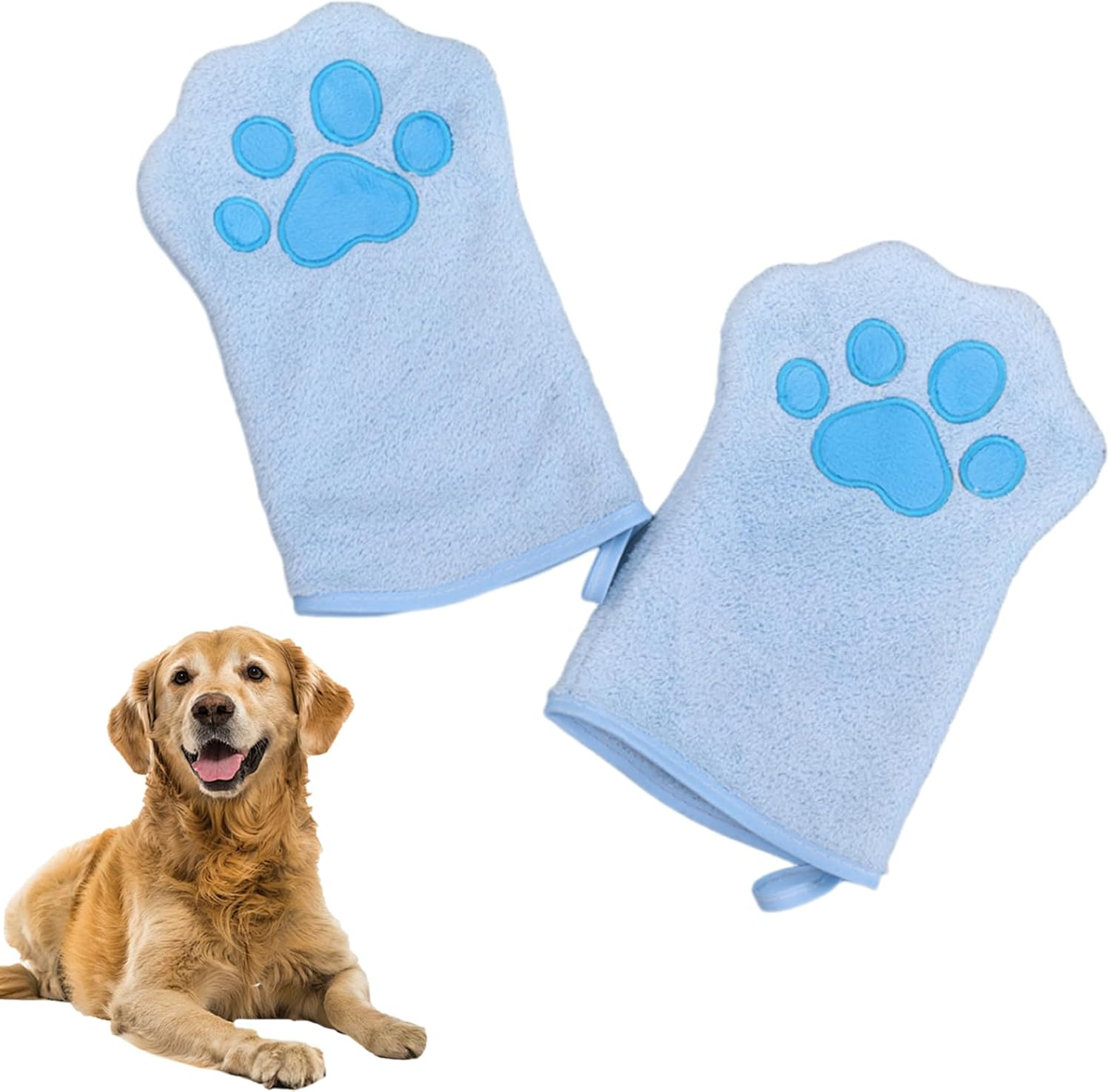 2 Pcs Dog Cleaning Towels Glove for Dogs and Cats, Soft Microfibre Pet Towel Mitts Coral Fleece, Water-Absorbent Pet Drying Mitts, Cute Cat Paw Gloves Towel (Blue)