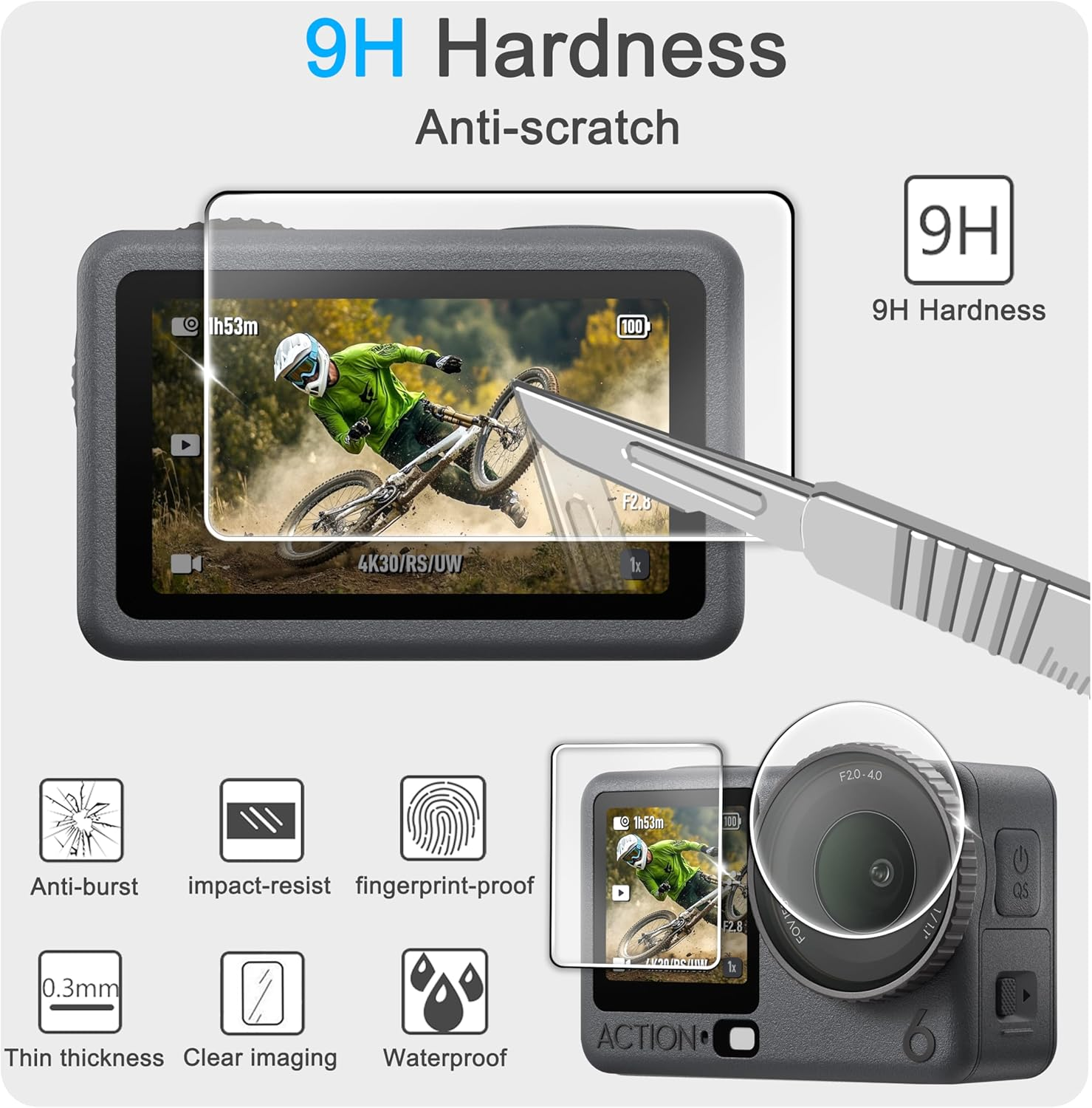 Fitstill 10PCS Screen Protector Appliable for DJI Osmo Action 6,Ultra HD 0.3Mm Tempered Glass,9H Hardness Scratch Resistant Anti-Fingerprint Bubble Free Action6 Camera Accessories Kit image number 5