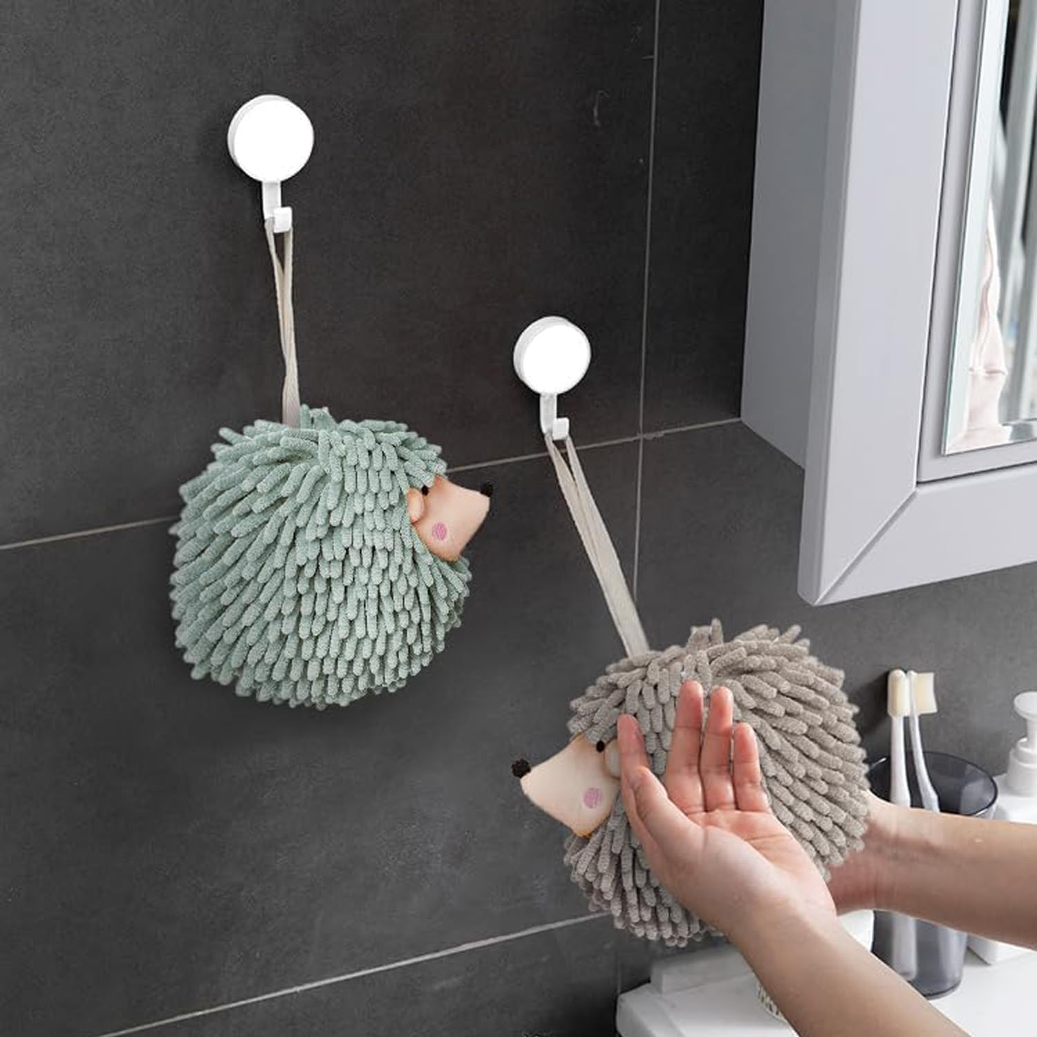 2 Pack Hand Drying Puff Towel Balls, Creative Decorative Bath Towel Set for Bathroom Kitchen Hedgehog Decorative Towels for Bathroom, Dry Your Hands Instantly and Conveniently (Pink and Gray) image number 4