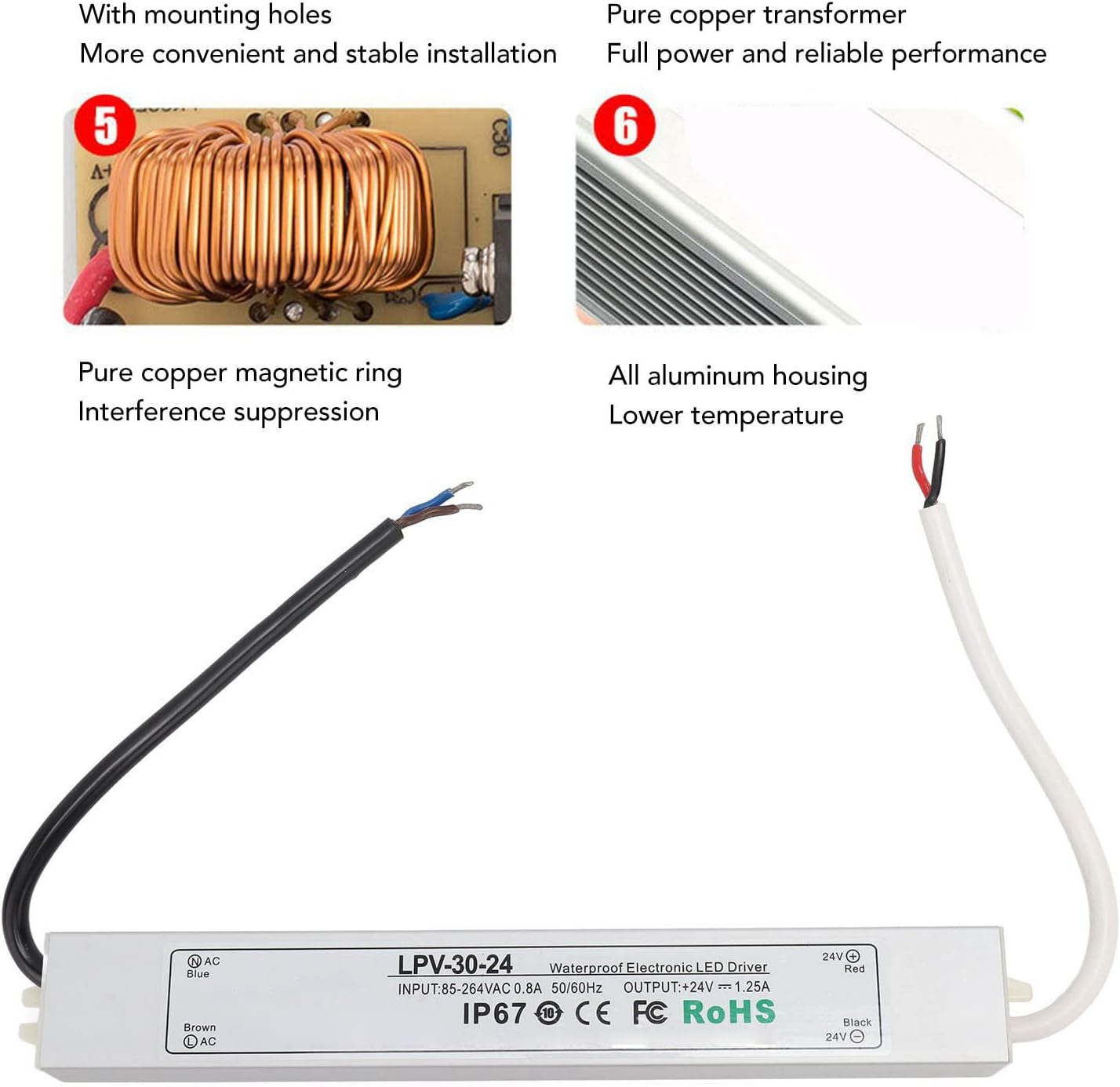 LED Driver, 24V Low Voltage Output Power Supply Transformer Adapter, IP67 Water Proof Low Voltage Transformer, for Lamp Security Camera 85‑264V (LPV-20W-24V 0.84A) (LPV-30W-24V 1.25A) image number 3