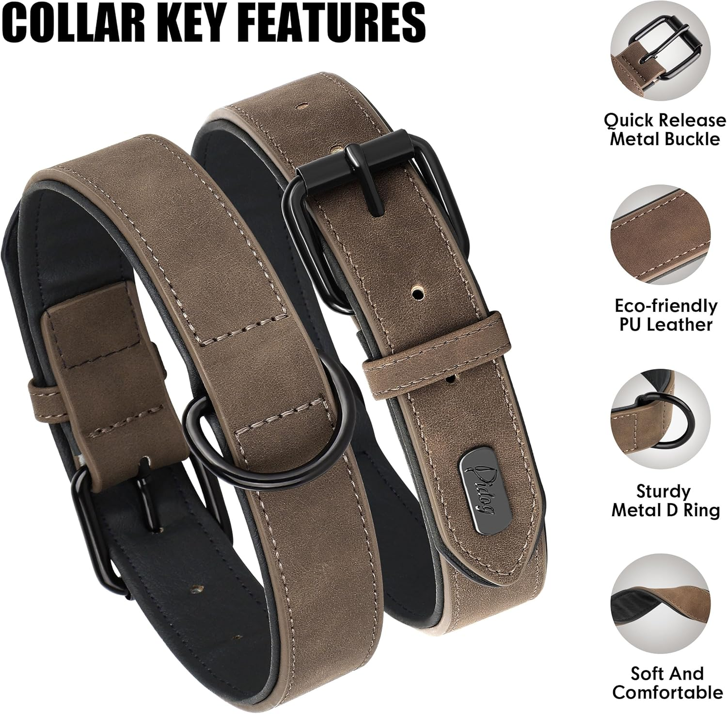 Didog Soft Padded Leather Dog Collar, Breathable Heavy Duty Dog Collar Leather with Adjustable Rust-Proof Metal Buckle for Small Medium Large Dogs, Brown, M image number 4