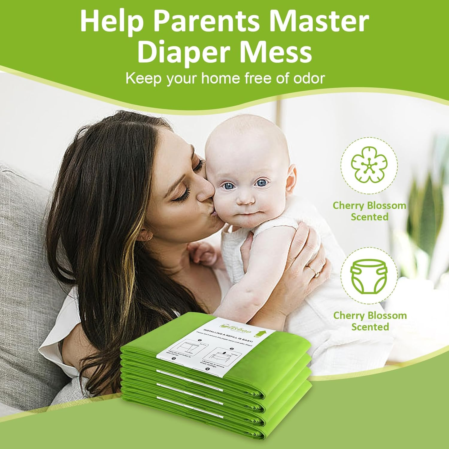 Refills Compatible with Dekor plus Diaper Pail Refills | 8 Pack | Disposable Diaper Pail Liners | Reinforced Thickness | Quick & Easy to Replace | Cherry Blossom Scented | Holds up to 4640 Diapers image number 6