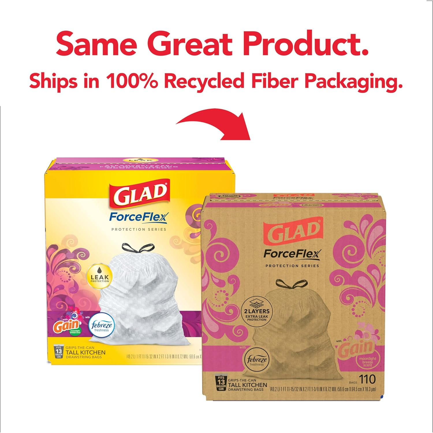 Glad Forceflex Protection Series Tall Trash Bags, 13 Gal, Gain Moonlight Breeze with Febreze, 110 Ct (Package May Vary) image number 2