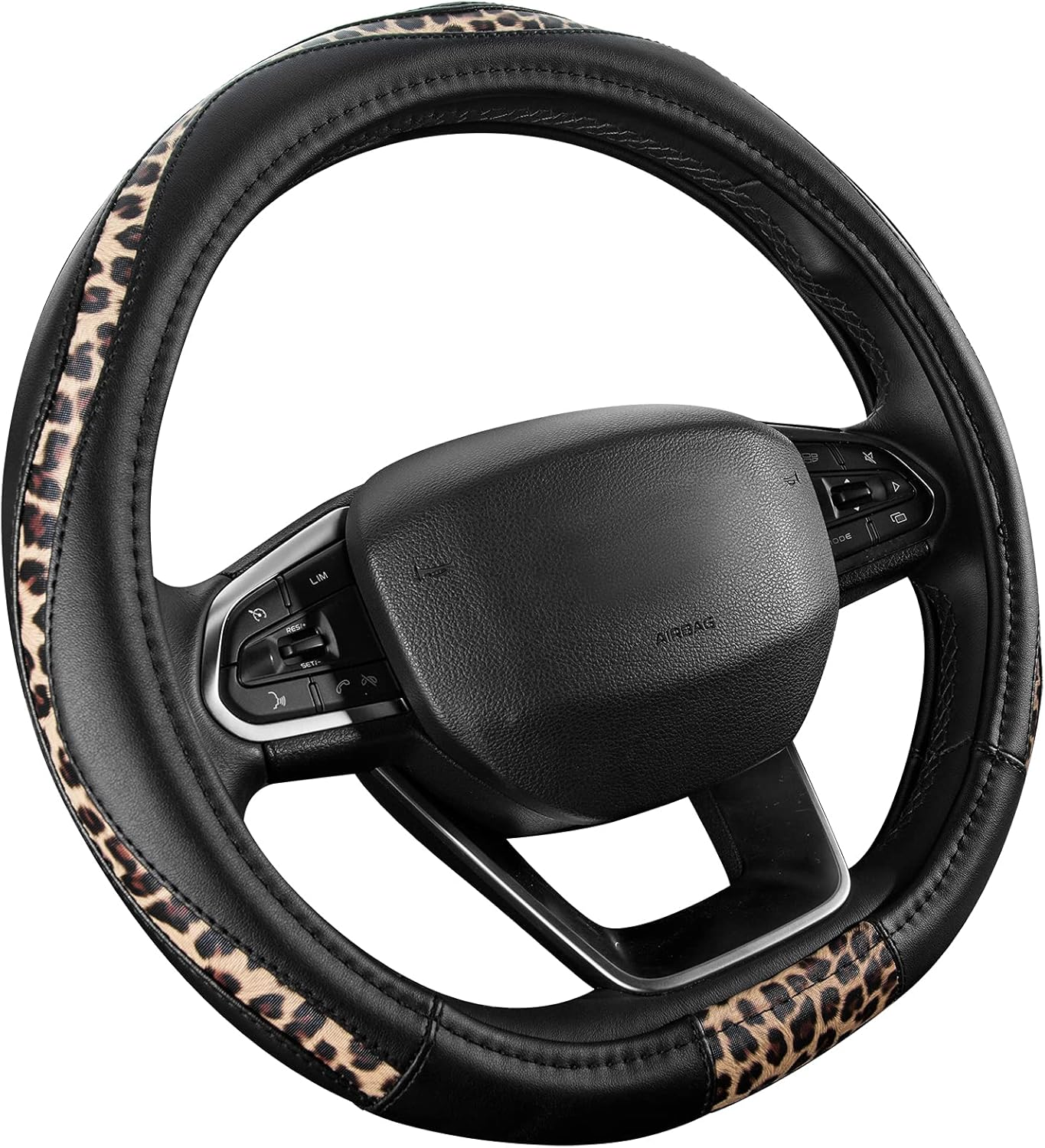 Road Comforts D-Type Steering Wheel Cover - Made with PVC Leather and Leopard Fabric - Universal Fit for 15-Inch D-Shaped Automotive Steering Wheels (Black Color) - Beige image number 3