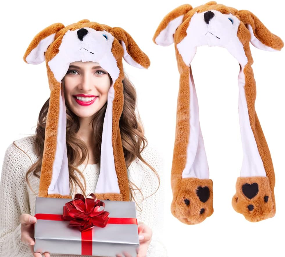 Hpory Animal Hat with Moving Ears, Animals Ear Moving Jumping Hat with Panda Penguin Bear Piggy Cat Dog Tiger Chick, Funny Plush Hat Cap Cosplay Accessory for Halloween Easter Christmas Birthday