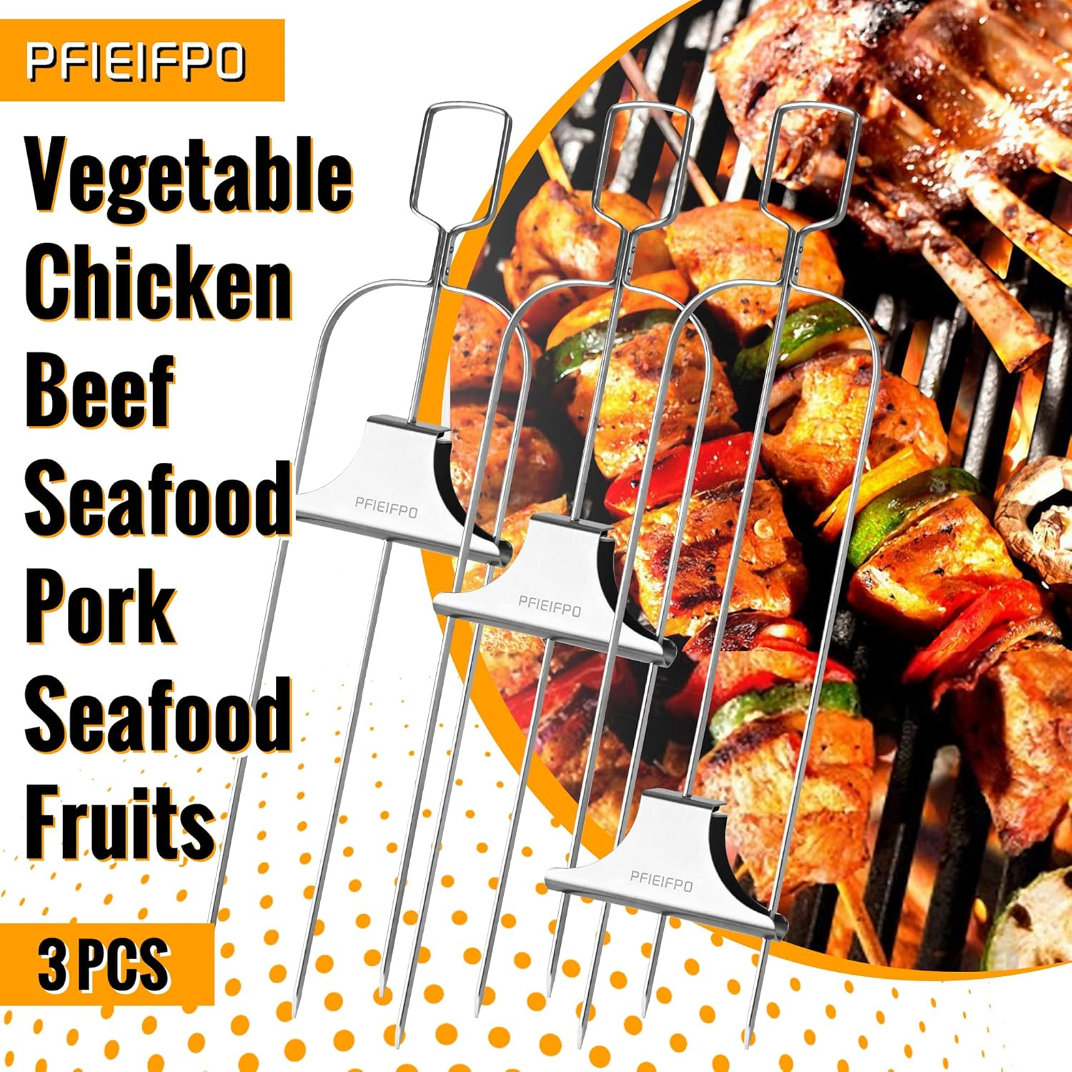 3PCS Grilling Savant 3Way Skewers,14Inch Metal Skewers for Grilling,Easy to Use Push Bar Slider,Bbq Accessory, Perfect for Meat,Veggies,Fruits,Marshmallow Roasting Sticks Grill Kabob Skewer. image number 1