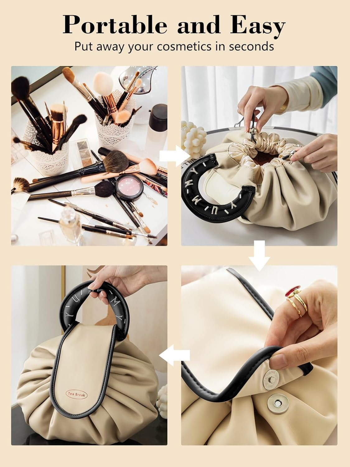 Lay Flat Makeup Bag, Drawstring Storage Bag, Flat Lay Cosmetic Bag, Beige image number 1