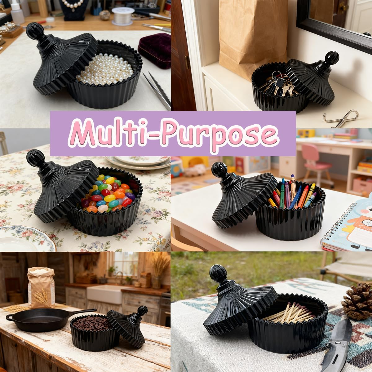 4.3 Inch Fluffy Body Powder Puff & 5.3 Inch Glass Jar Set,Large Dusting Powder Container with Puff,Multi-Purpose Storage Holder Dish,Gothic Decor for Bedroom,Bathroom,Home(Black) image number 6