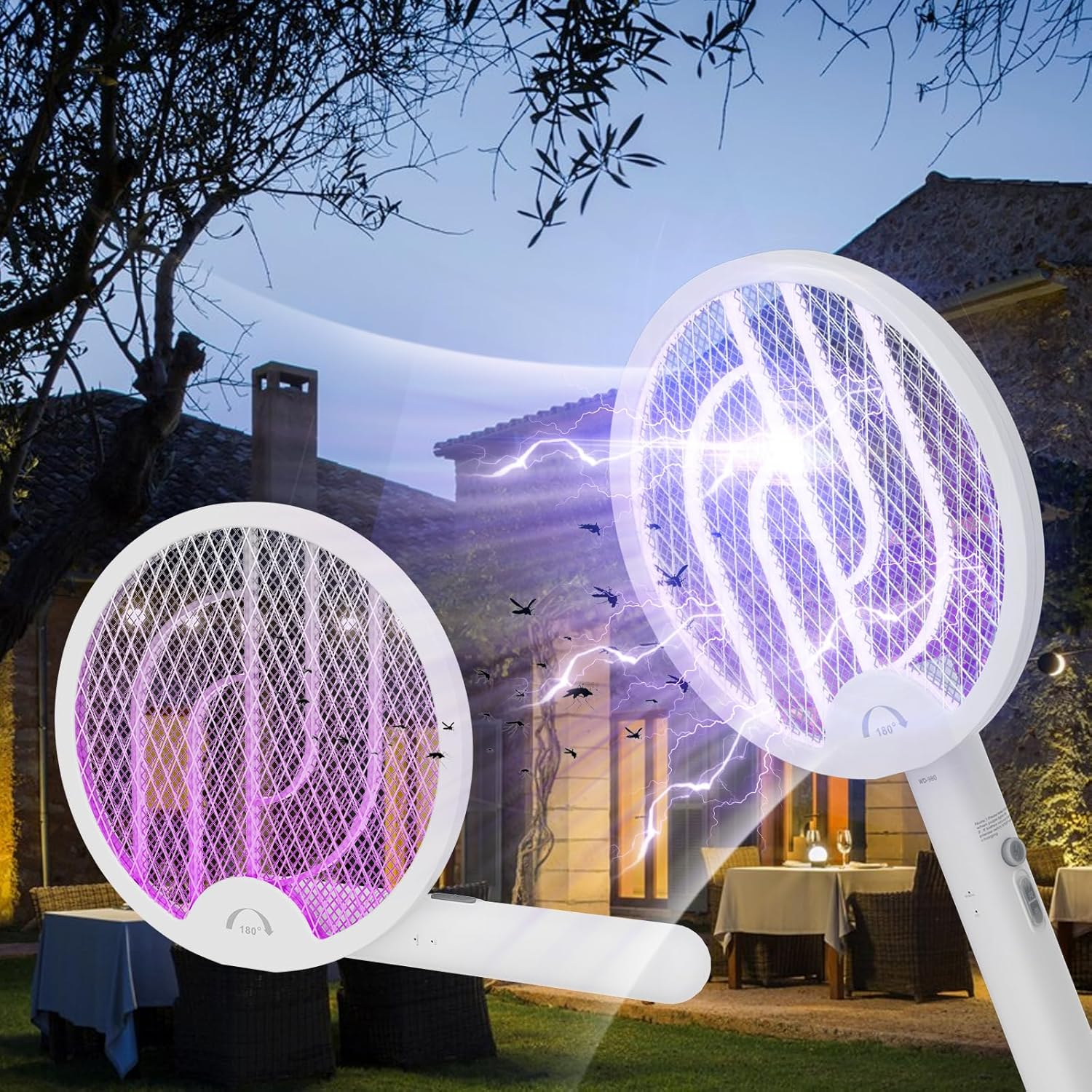 Electric Fly Swatter（2 Pack）180&deg; Foldable Bug Mosquito Zapper,3000V Mosquito Killer Lamp Electric Hangable Fly Killer Light Fly Insect Trap Killer for Bedroom Home Backyard Garden and Barbecue Picnic image number 1