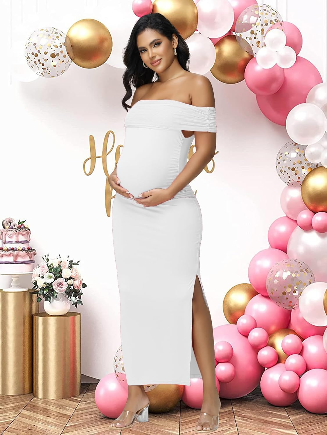Justvh Women'S Maternity Mesh off Shoulder Sleeveless Split Party Midi Dress for Baby Shower Photoshoot Gown image number 1