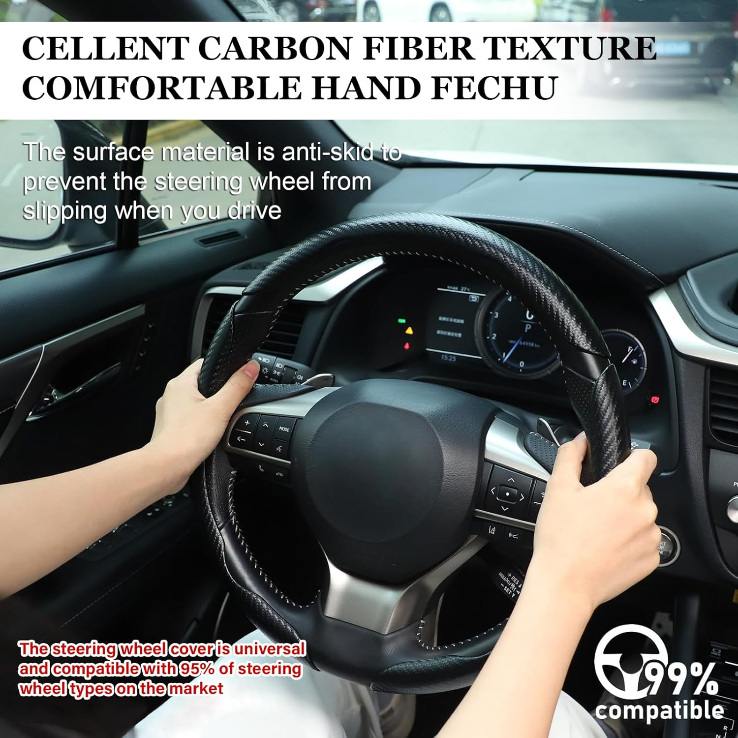 MAEZOE Car Carbon Fiber Steering Wheel Cover, 3Pcs Segmented Anti-Slip Steering Wheel Protector for Men and Women, Suitable for 99% of Cars on the Market image number 1