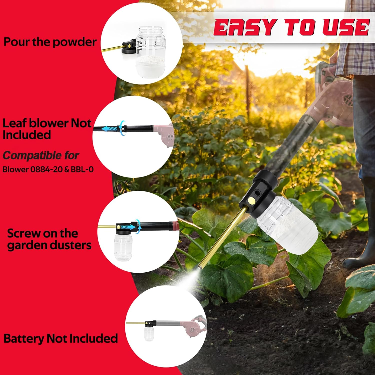 Rozlchar Diatomaceous Earth Duster Compatible for Milwaukee 18V Blower 0884-20 & Bbl-0(No Blower, No Battery)-1L Garden Dusters for Powder W/7.5Inch Nozzle for Organic Gardening image number 1