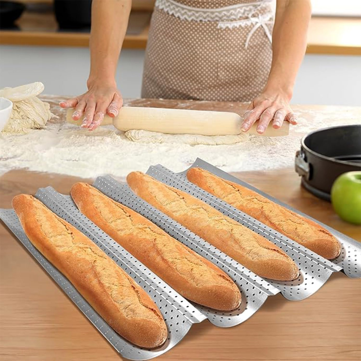 Roczential Baguette Bread Pan Premium Nonstick Perforated Baguette Pan for French Baking 4 Loaves Baguette Baking Tray Sourdough Italian Bread Perfect for Creating Crisp Golden-Brown Crust image number 1