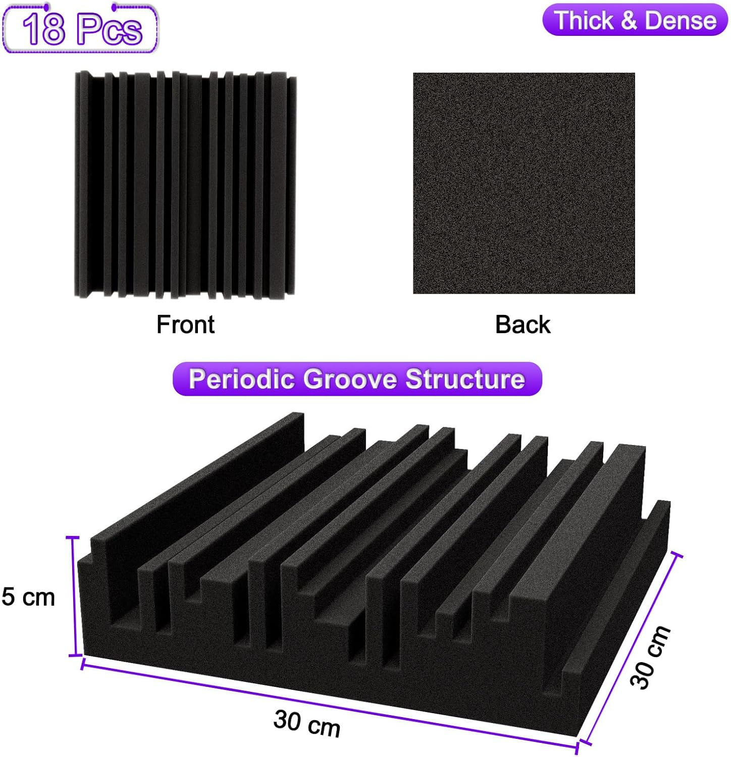 BXI Thick Acoustic Foam Panels, 30 X 30 X 5 Cm 18 Pcs Broadband Sound Absorbing Foam, Dense Soundproof Padding Tile, Recording Studio Foam Absorber, Groove Decorative 3D Wall Ceiling Panel image number 3