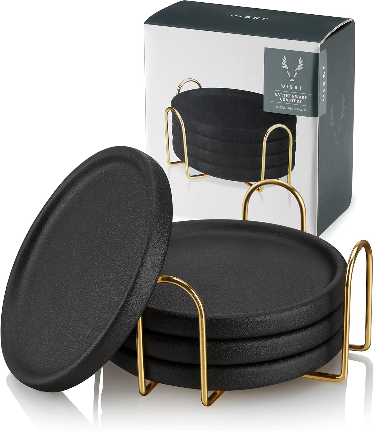 Viski Earthenware Coasters Set of 4 - Ceramic Drink Coasters - Outdoor Coasters for Drinks - Unique Coasters with Gold Stand Black