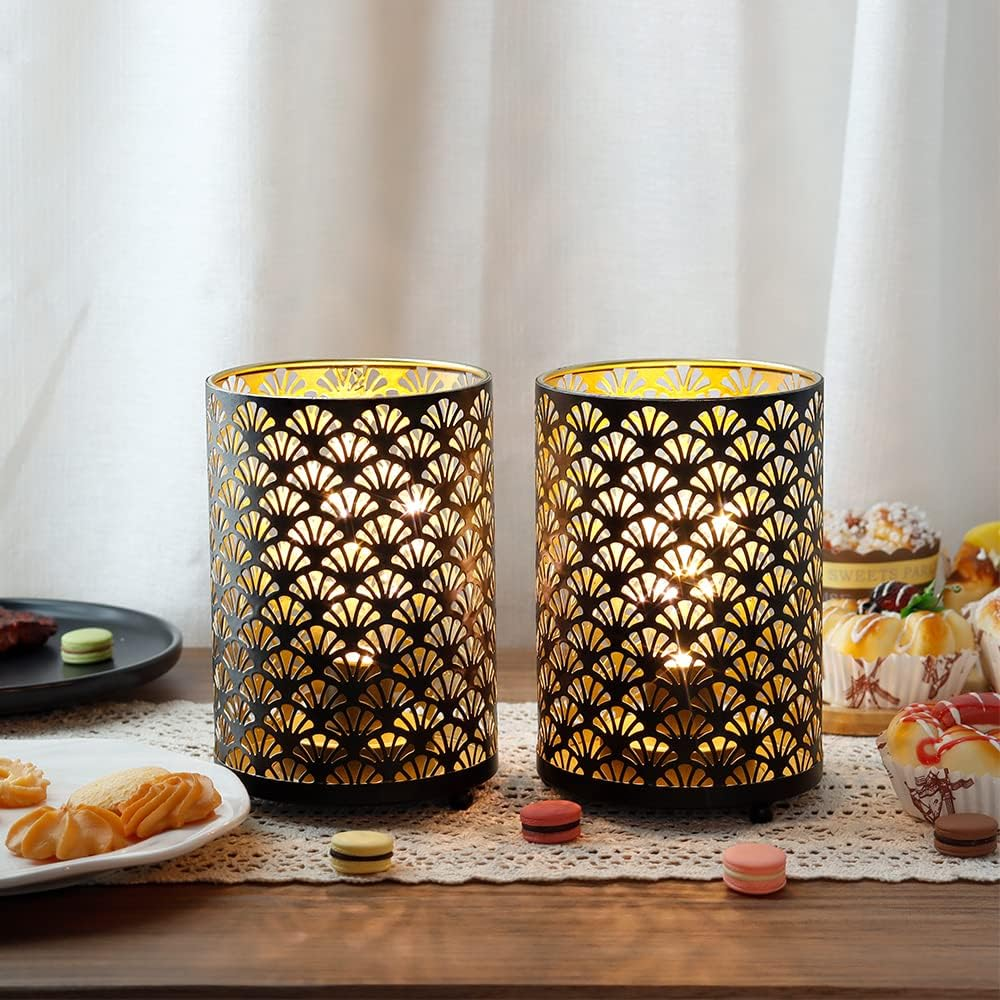 TRIROCKS Set of 2 Battery Operated Lamp 16Cm Tall Metal Cordless Table Lamp Bronze Lanterns with Warm Fairy Lights Bulb for Patio Garden Wedding Parties Indoor Outdoor(Scalloped Hollow Pattern) - Brown image number 7