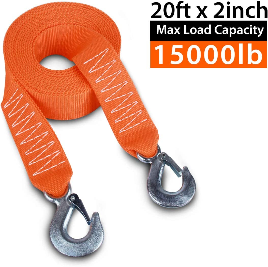 Tow Strap Heavy Duty with Hooks 2" X20' 15,000LB Recovery Strap 6,8 Tons Towing Strap with Safety Hooks Polyester