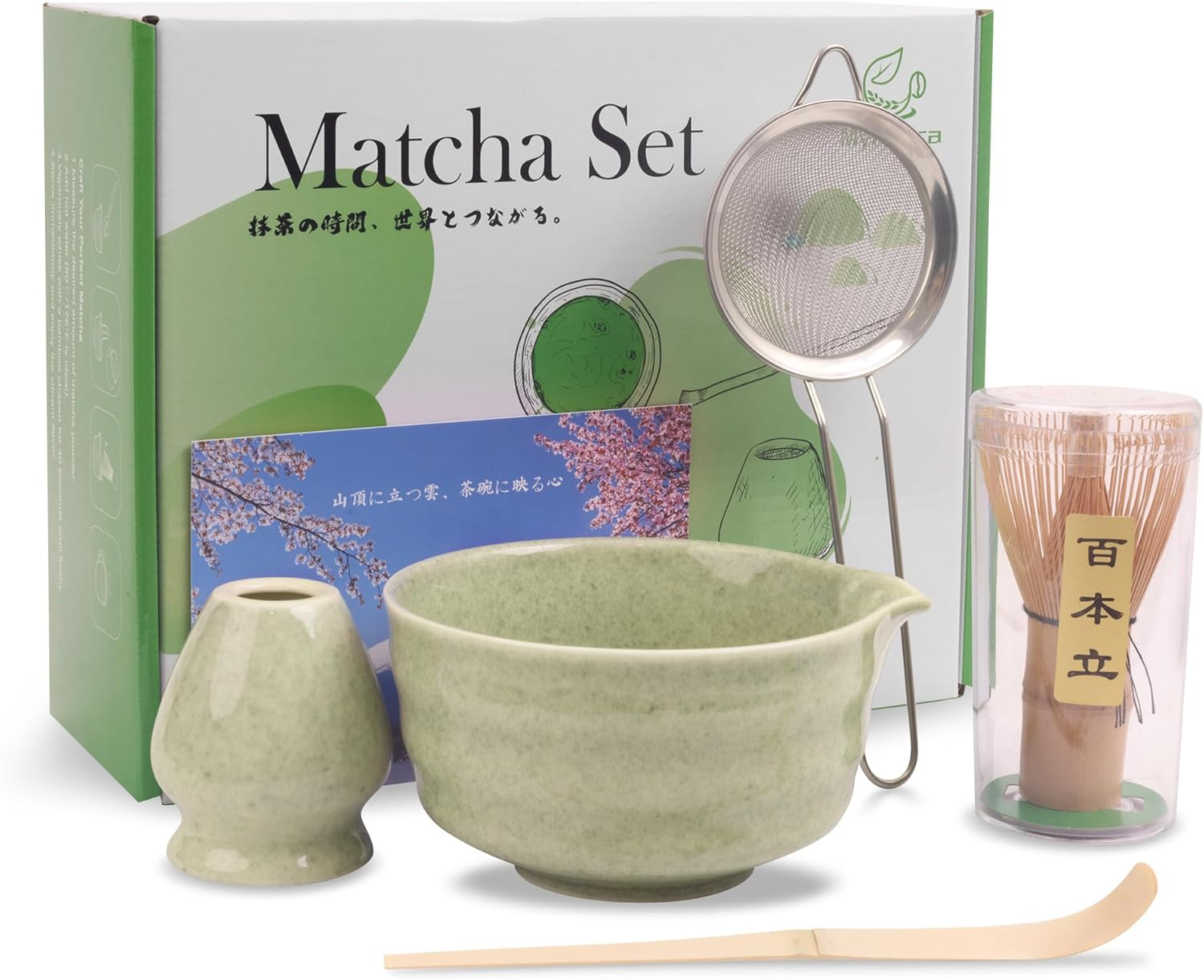 Myrthra 5PCS Matcha Whisk Set, Matcha Bowl with Spout, Bamboo Whisk, Bamboo Scoop, Ceramic Holder and Stainless Sifter for Tea Matcha Lover (Jade) image number 5