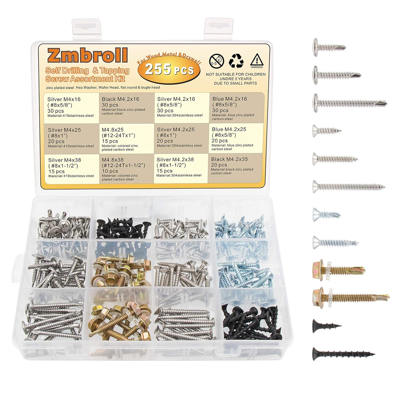 Zmbroll Self Drilling & Self Tapping Screws Assortment Kit Set for Drywall Screws, Sheet Metal and Wood Screws image number 5