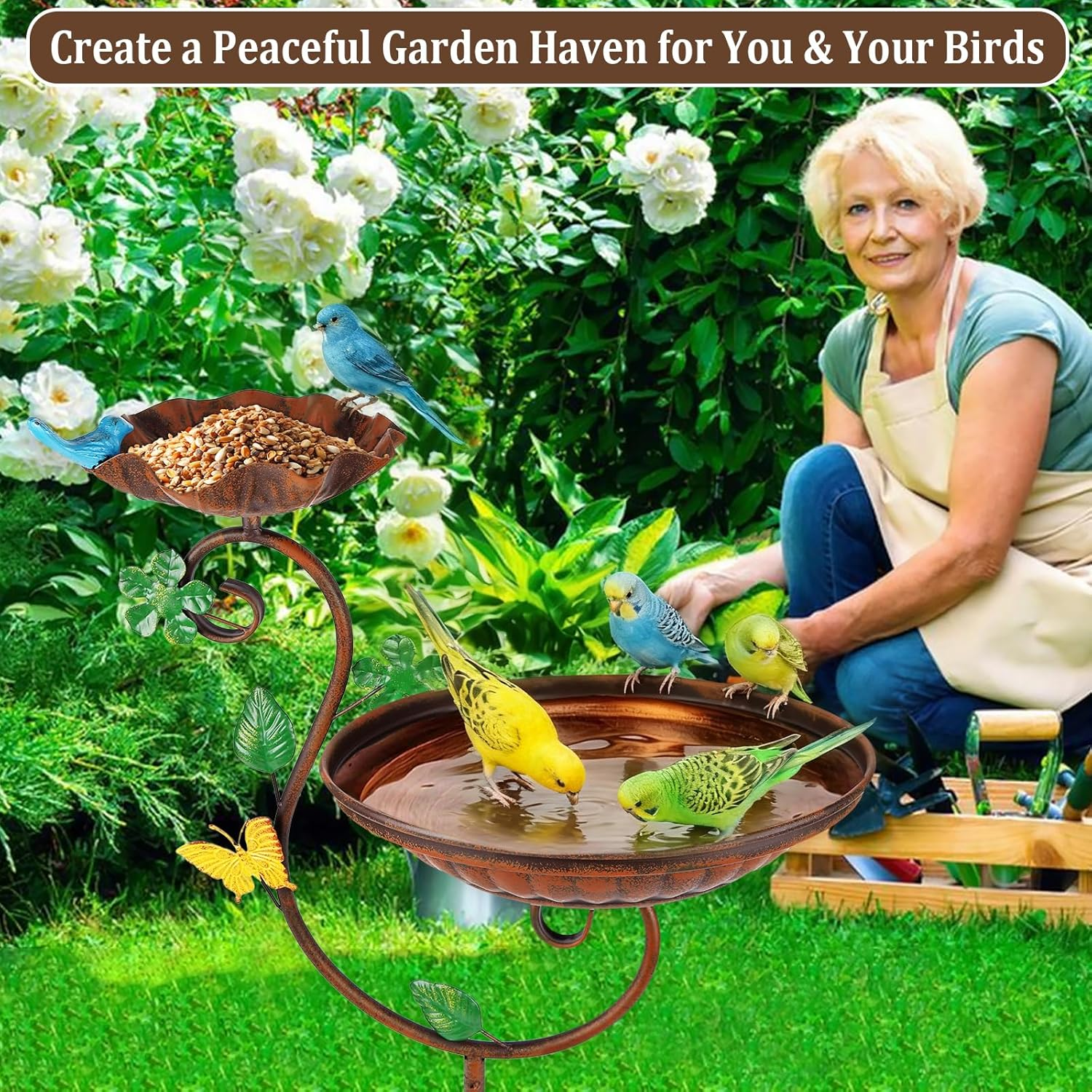 STAVAN 44" Cast Iron 2-In-1 Bird Bath & Feeder for Outdoors &ndash; Heavy Duty Vintage Pedestal with Floral Design, Stable Rust-Resistant Base, Elegant Garden Patio D&eacute;cor image number 4