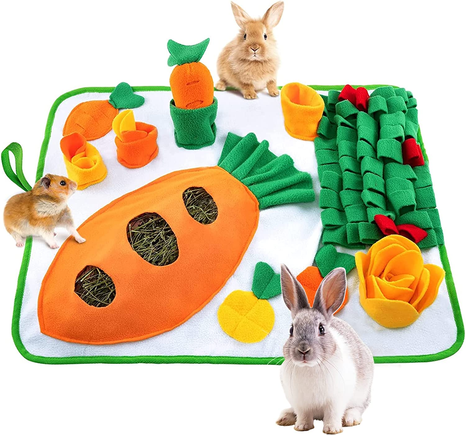 Adpartner 24" X 20" Rabbit Foraging Mat with Carrot Toy, Interactive Snuffle Feeding Pad for Boredom, Polar Fleece Pet Feed Game for Rabbits Bunny Guinea Pigs Chinchillas Ferrets image number 2