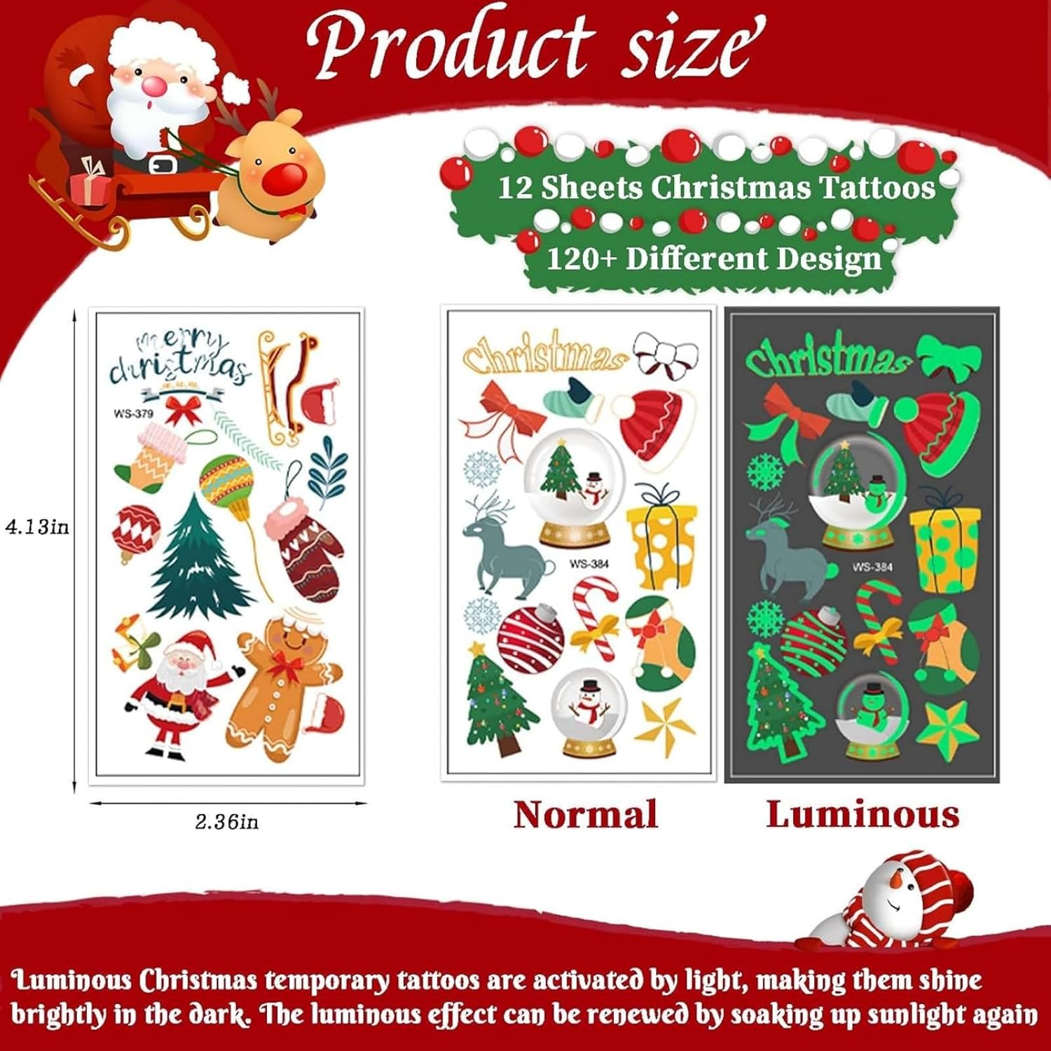 Itadaku 12 Sheets Luminous Christmas Temporary Tattoos, Glow in the Dark Christmas Tattoos for Stocking Stuffers, Holiday Party Favors & Gift Stickers image number 2