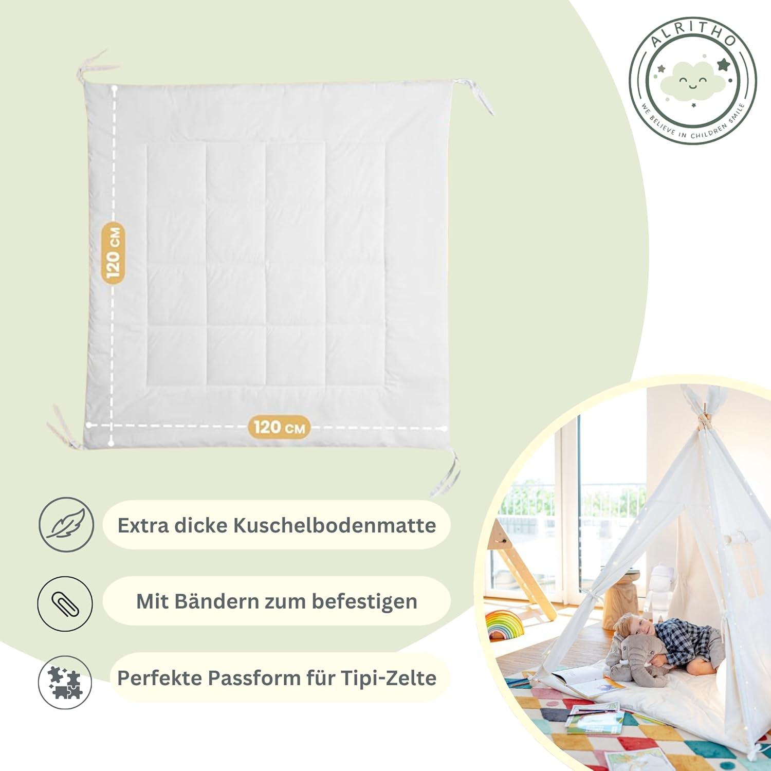 ALRITHO&reg; Floor Mat with Ribbons 120 X 120 Cm Padded Mat for Teepee Tents for Children, Play Tents, Playhouses, Cosy Play Blanket for Children, Made of Cotton [White] image number 2