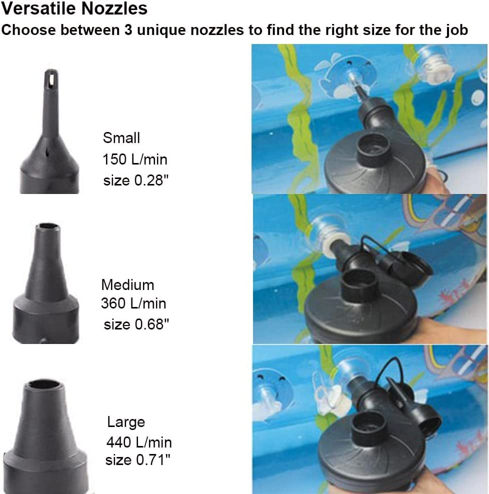 Electric Air Pump Air Mattress Portable Pump for Inflatables Couch, Pool Floats, Blow up Pool Raft Bed Boat Toy with 3 Nozzles, AC 110-240 Volt DC 12 Volt, Black image number 3