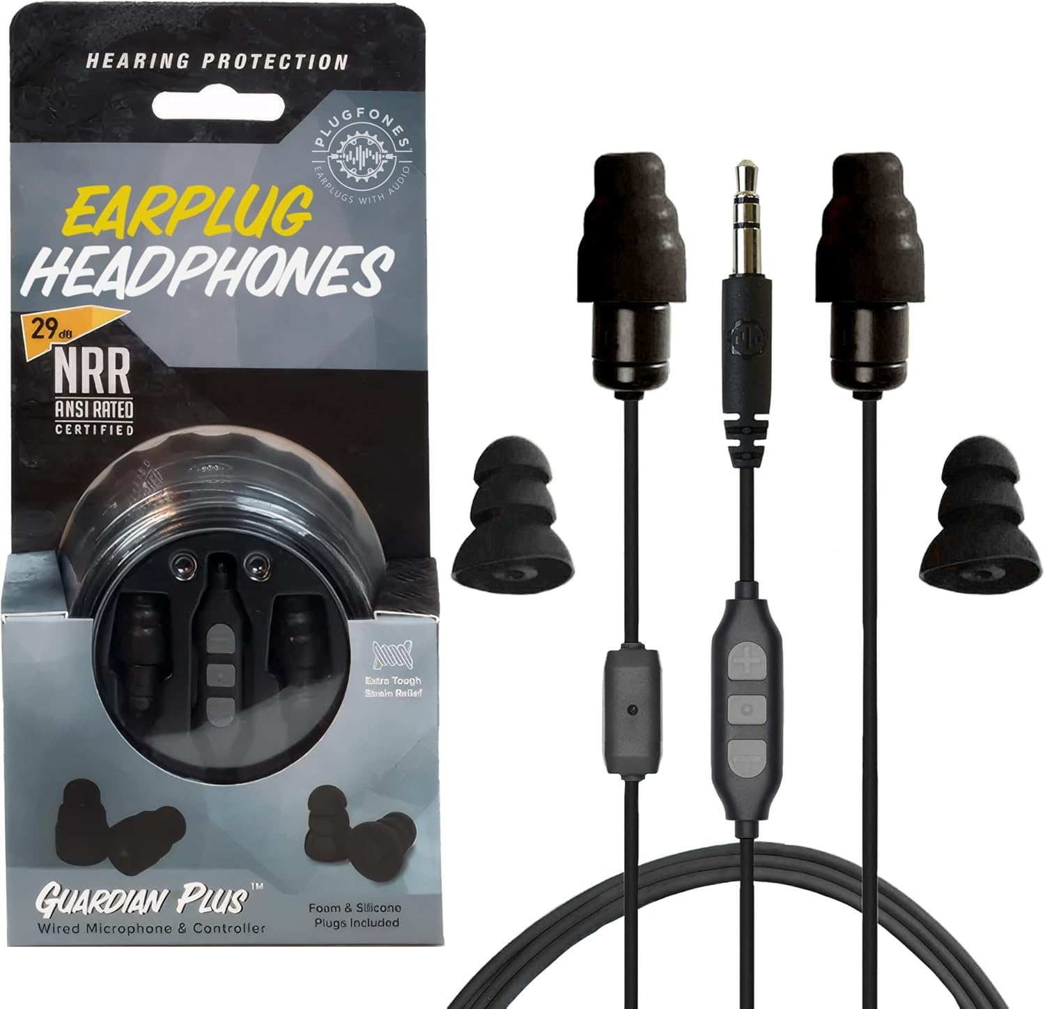 Plugfones Guardian plus Earplug-Earbud Hybrid - Black