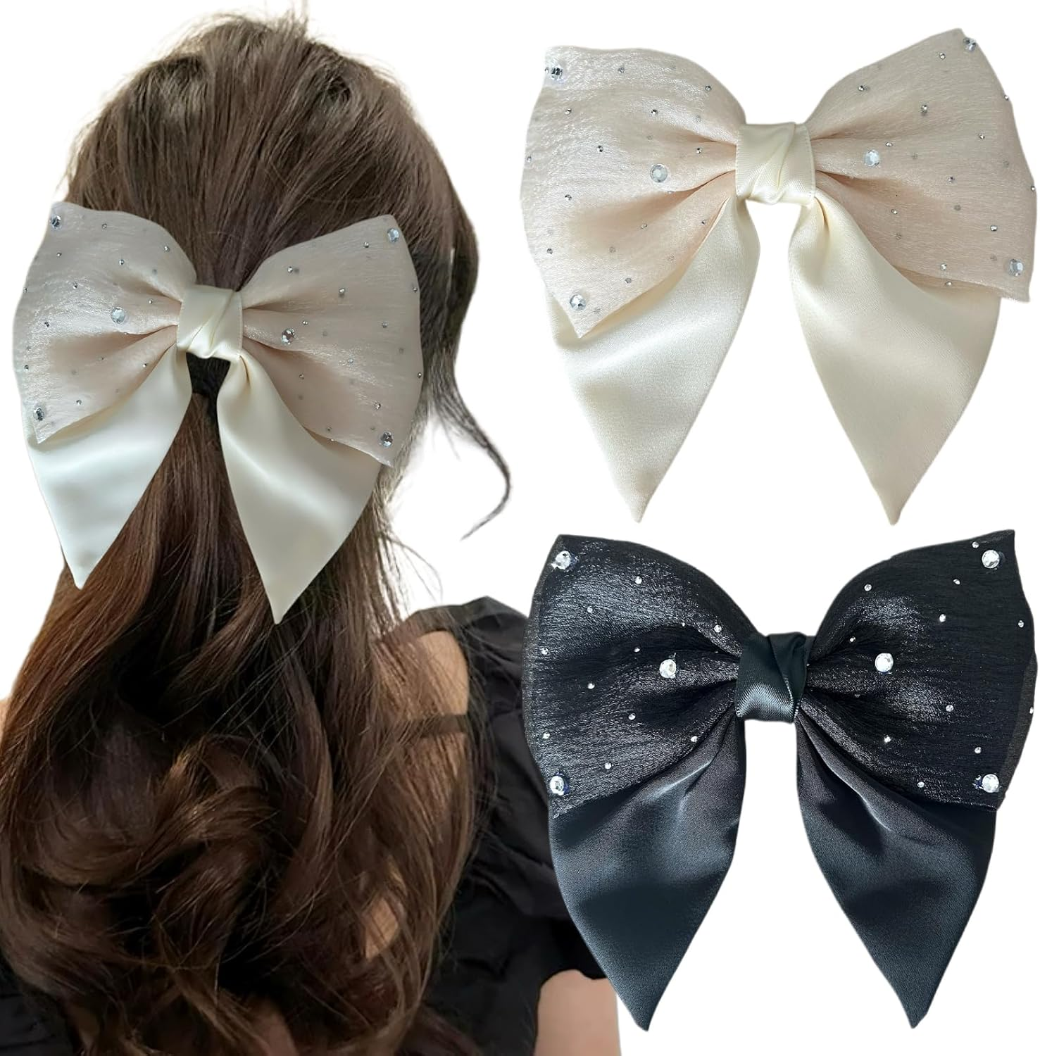 Ypkia Pack of 2 Hair Bow Rhinestone Women'S Hair Clips with Bow Fabric Satin Hair Bows Hair Clips for Women Girls (Black + Beige) image number 5